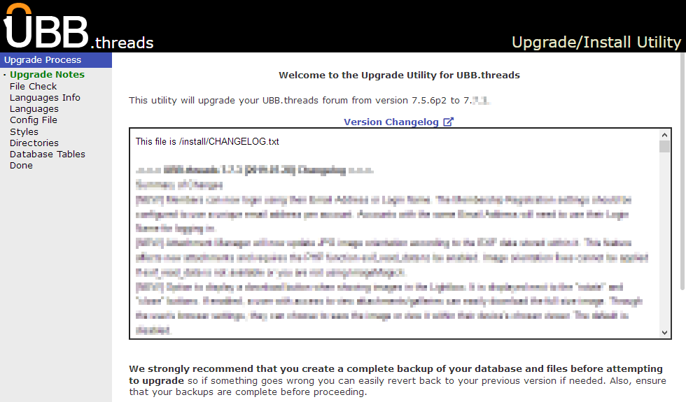 Click image to show larger version Upgrade Notes screen