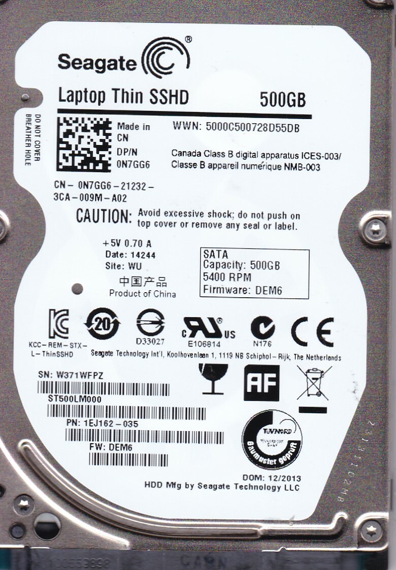  ST500LM000 pn: 1EJ162-035  fw: DEM6 WU 2013 s/n: W37 500GB SATA 2.5" SSHD 7820