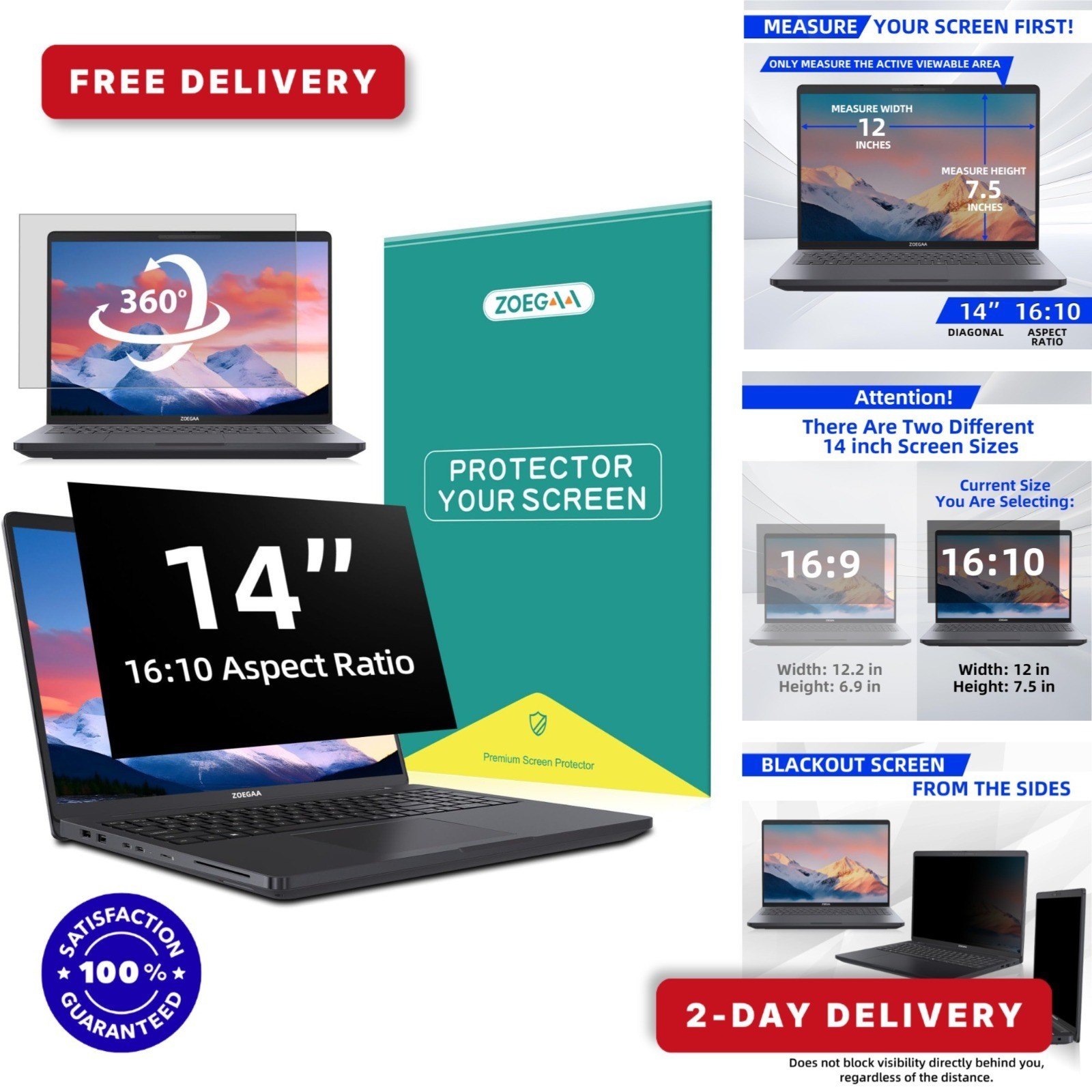 ZOEGAA 14in Laptop Privacy Screen 4-Way 360° Anti-Glare 16:10