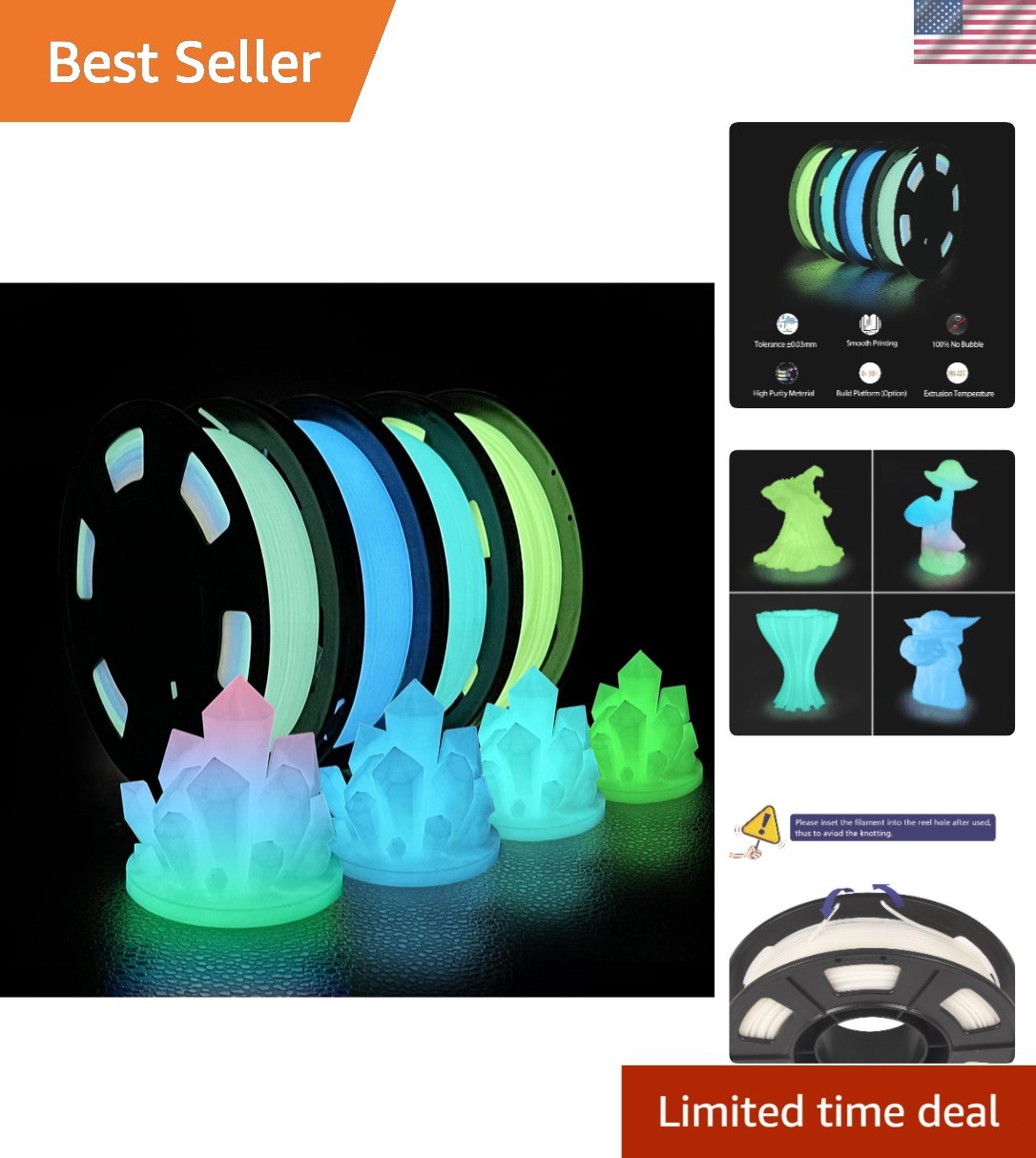 3D Printer Filament Bundle Glow in The Dark Multicolor PLA 1.75mm 4 Pack