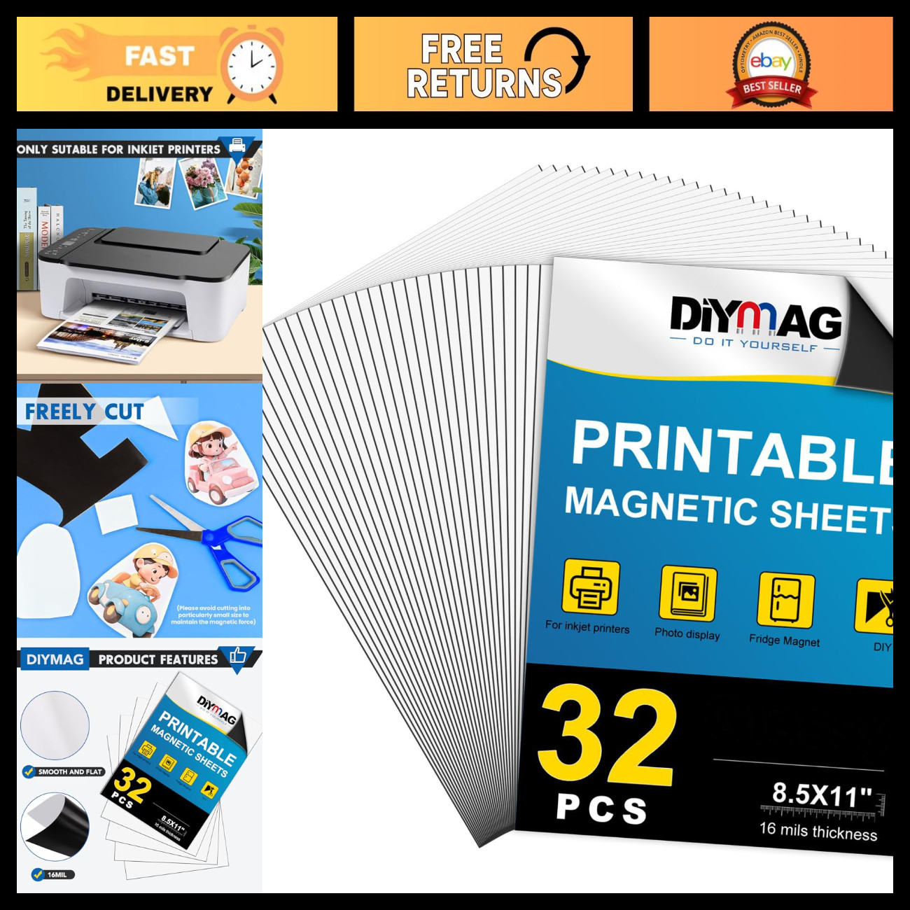 Printable Magnetic Sheets 32 Pcs Glossy 8.5"x11" for Inkjet Printing Crafts
