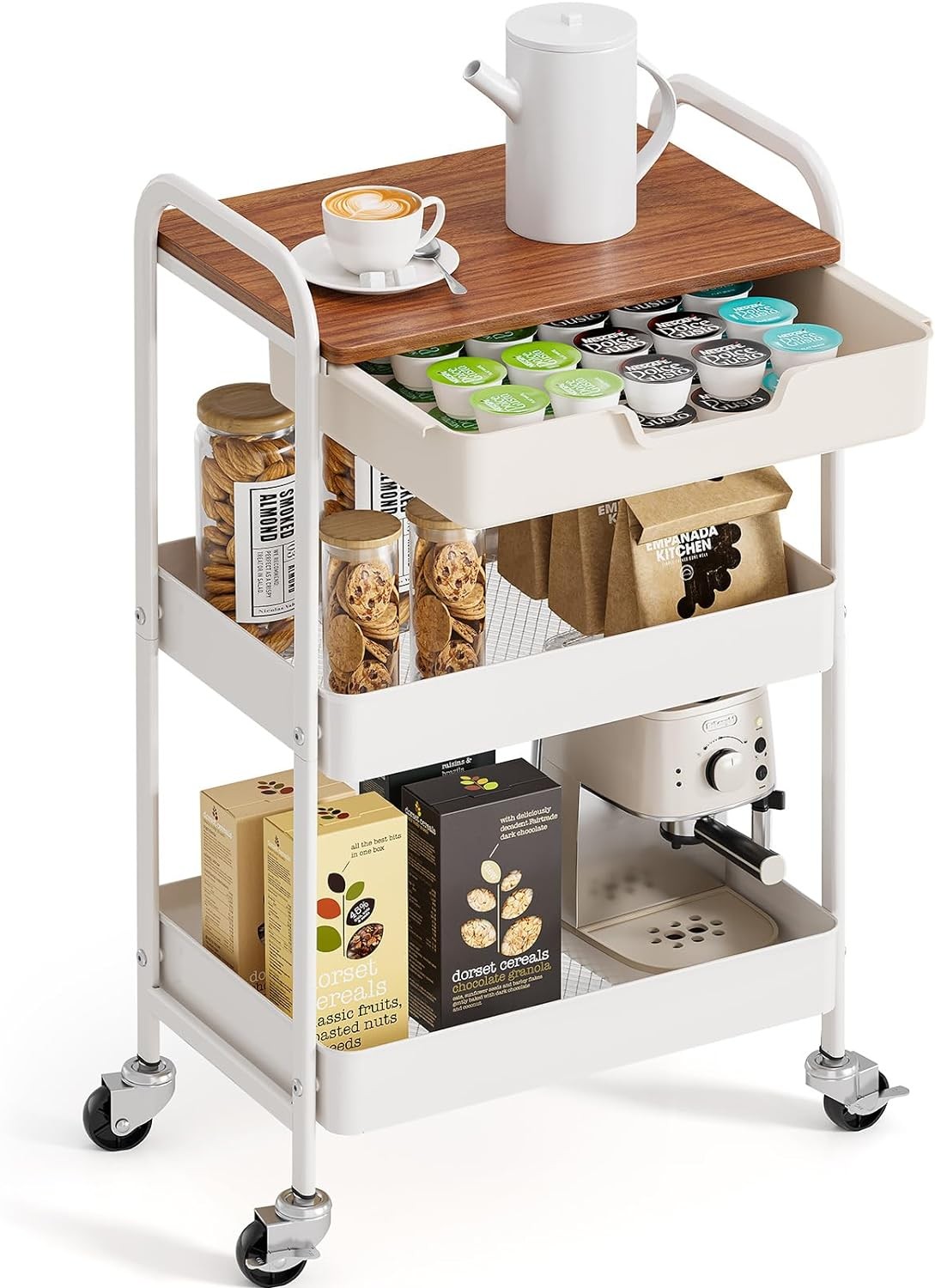 Rolling Cart 3 Tier Metal Utility Storage Drawer Locking Wheels White TOOLF Desk