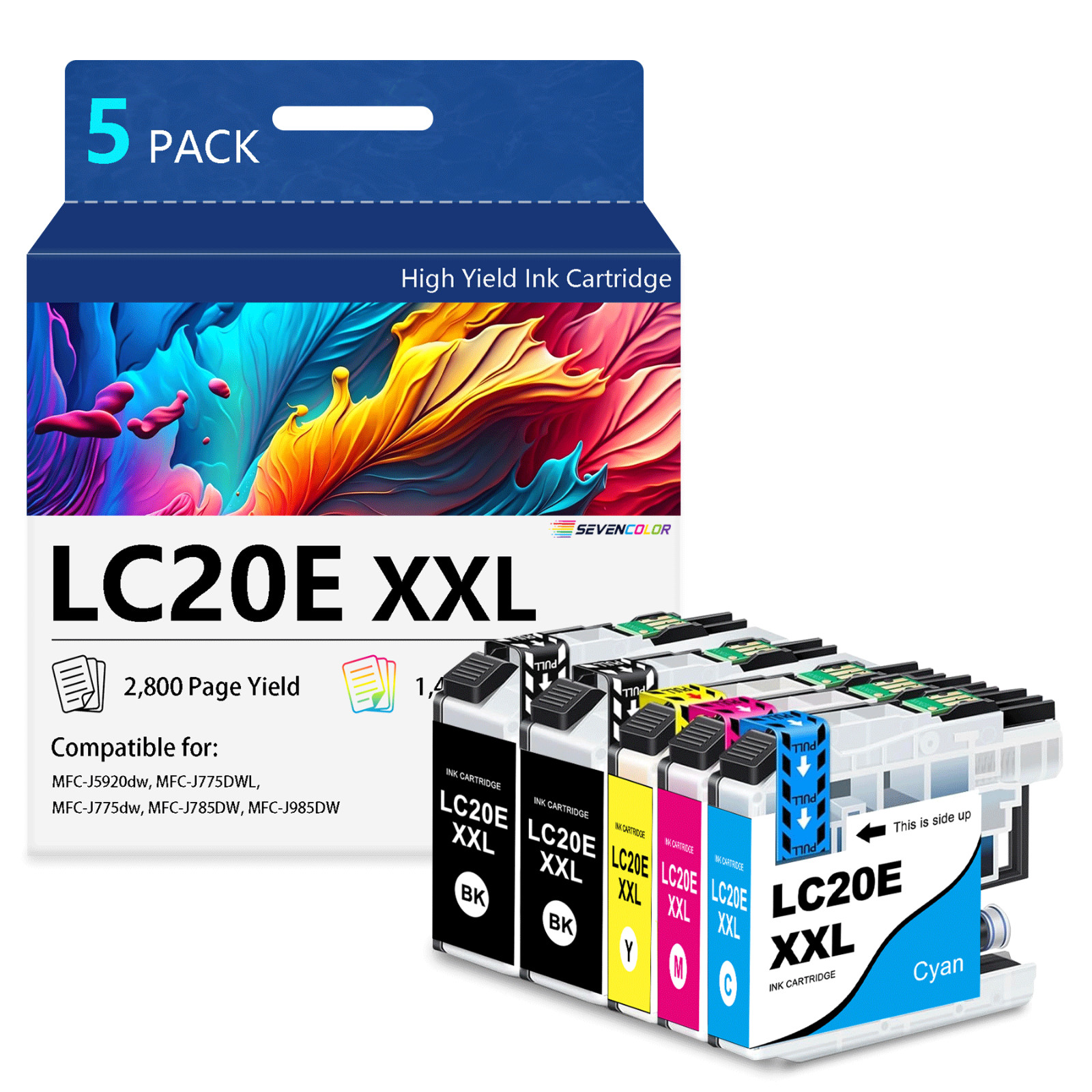 LC20EXXL High Yield Ink Cartridge Set, (2Black, 1Cyan, 1Magenta, 1Yellow) 5Pack