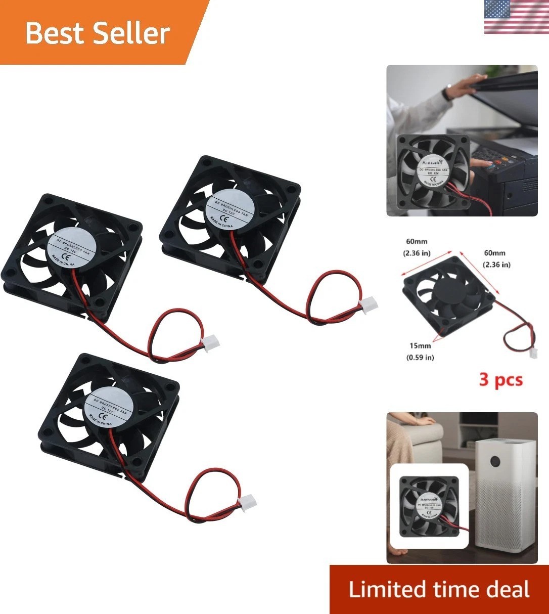 3 Pack 60x60x15mm 12V Brushless Cooling Fans for 3D Printers - Quiet & Efficient