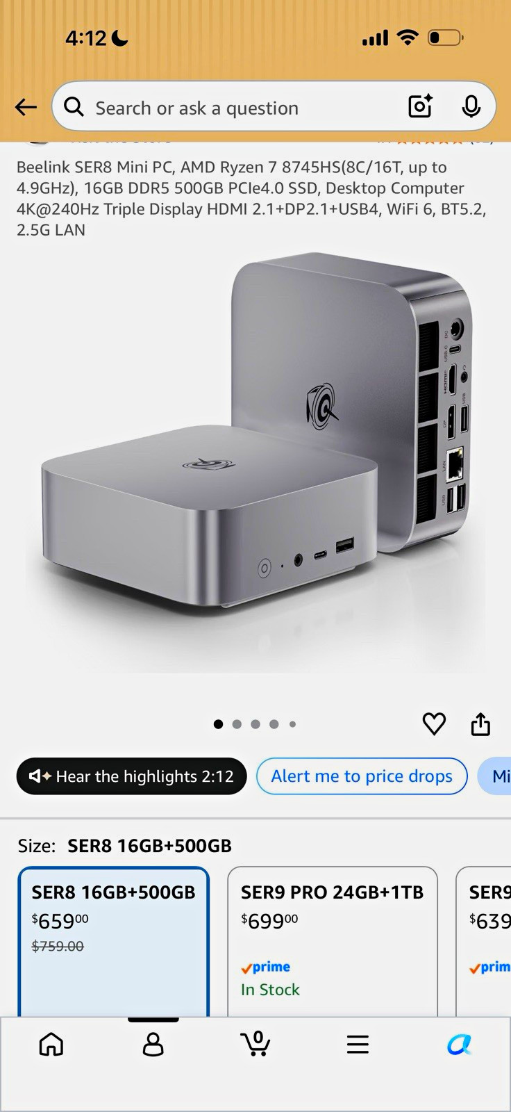 Beelink SER8 Mini PC Ryzen 7 8745HS 16GB RAM 500GB SSD WiFi BT Silver
