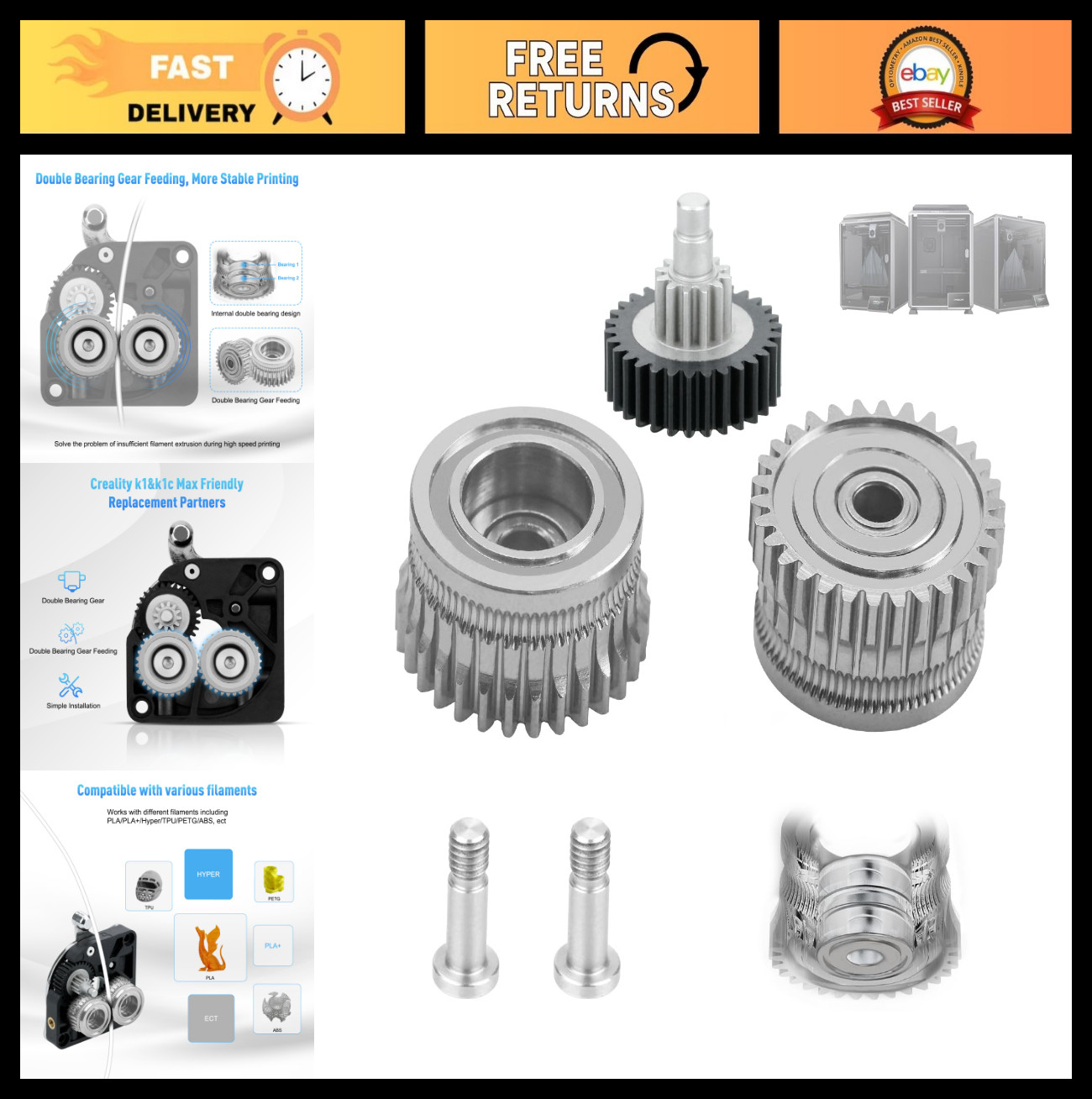 All-Metal Double Bearing Gear Upgrade Kit for K1 Max 3D Printer - Hardened Steel
