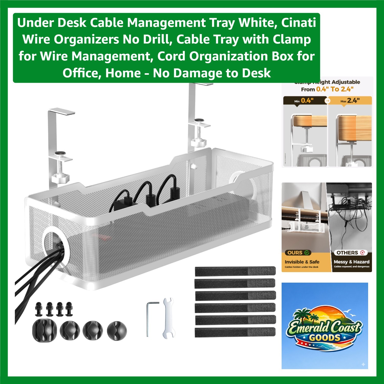 Modern White Under Desk Cable Organizer with Anti-Scratch Clamp Installation