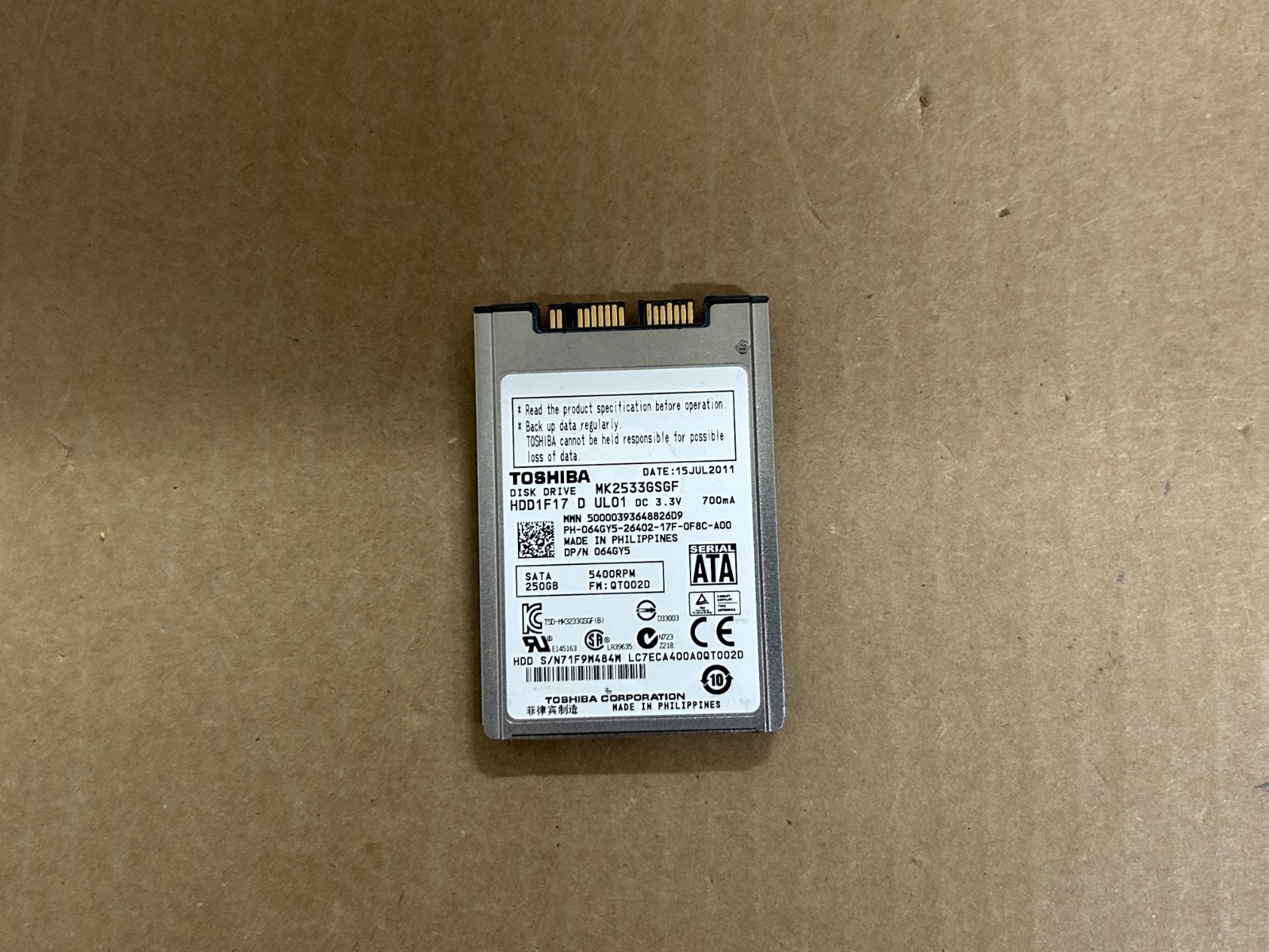 Genuine Toshiba Hard Drive 250GB Internal 5400RPM MK2533GSGF 64GY5