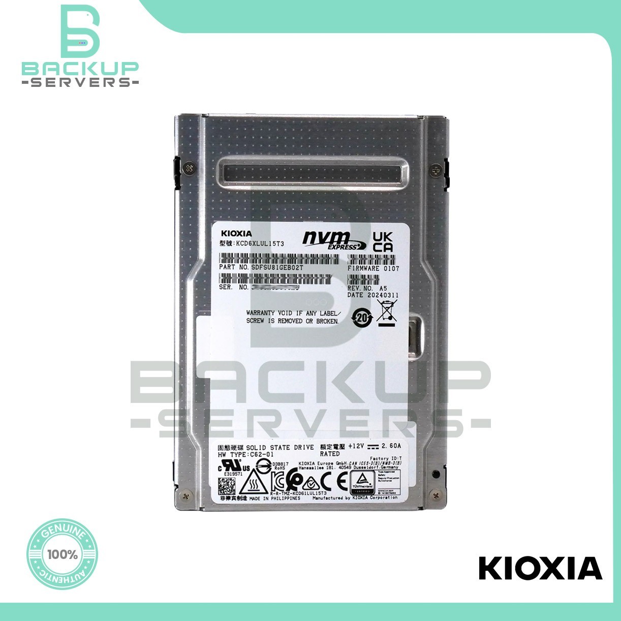 Kioxia KCD6XLUL15T3 CD6-R 15.36TB PCI Express 4.0 x4 NVMe TLC U.3 2.5" SSD