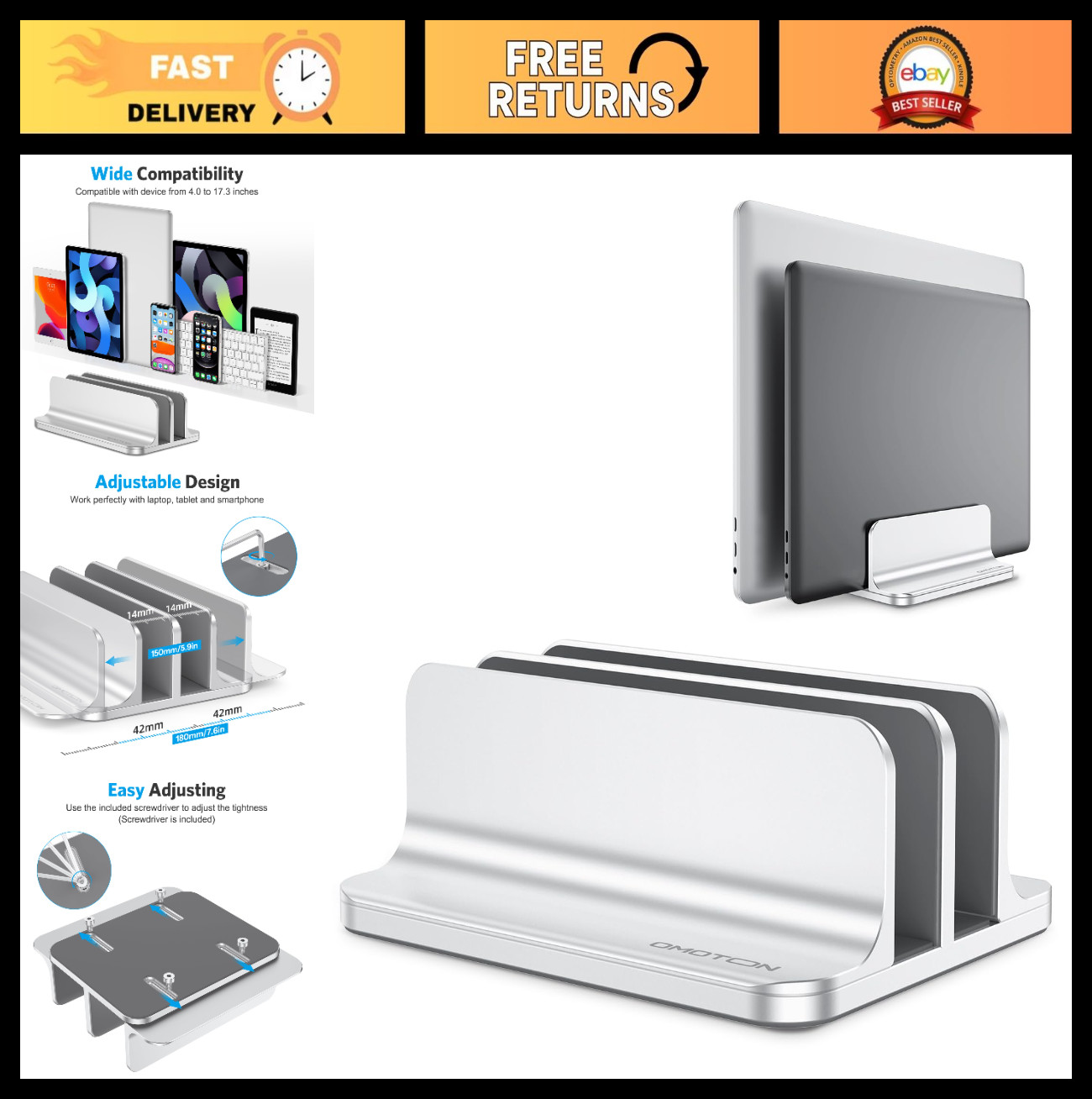 Adjustable Dual Vertical Laptop Stand Holder for MacBook & Gaming Laptops, Silve