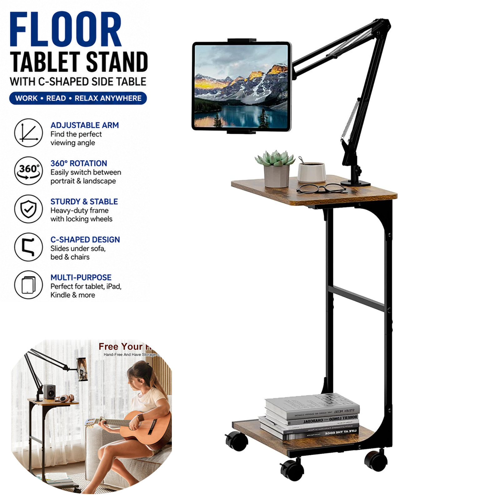 Floor Tablet Stand C-Shaped Side Table Adjustable Holder Fits iPad Kindle 56.4"H