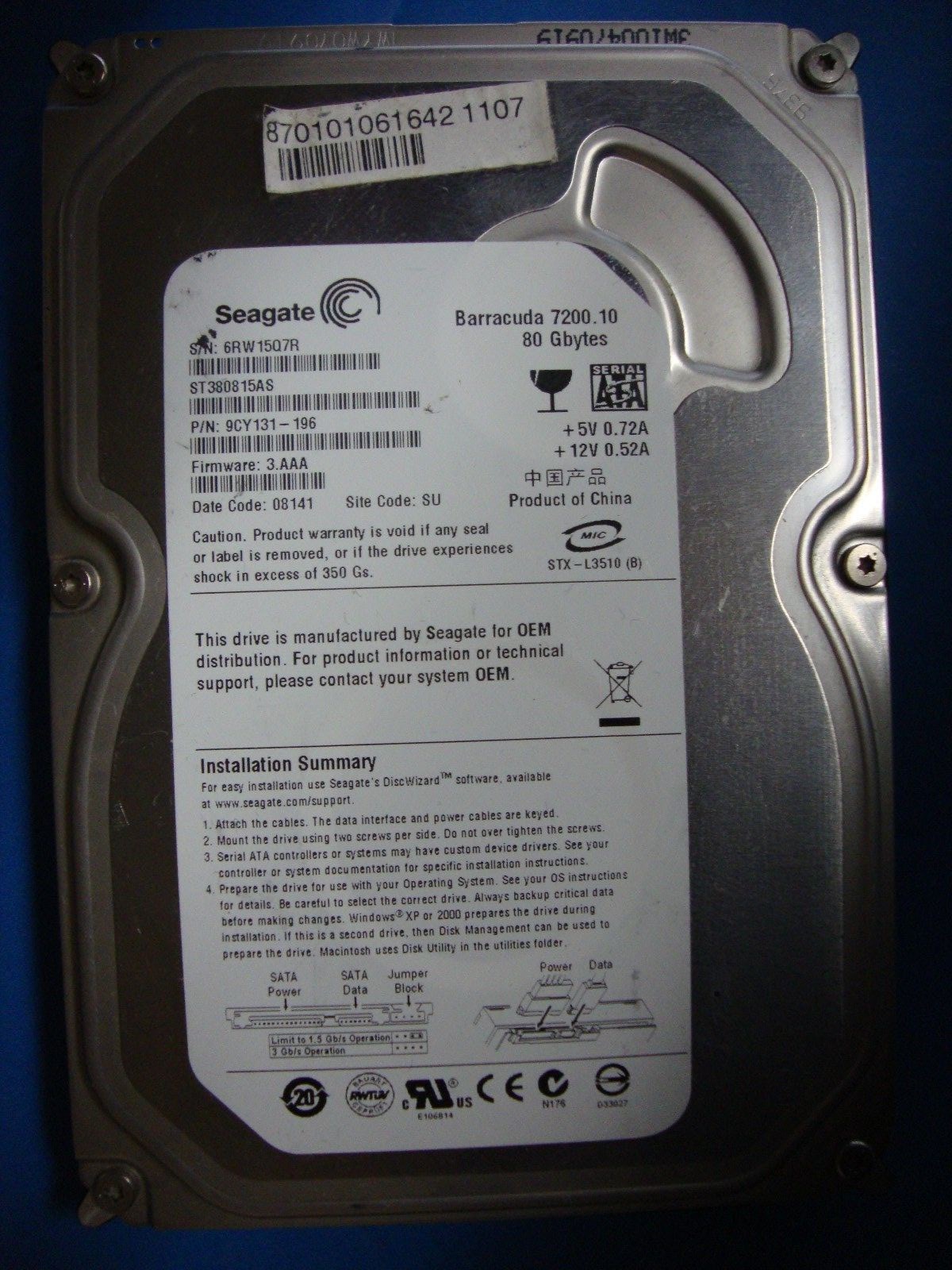 Seagate ST380815AS SATA 80GB Hard Drive 9CY131-196  FW:3.AAA SU Tested 