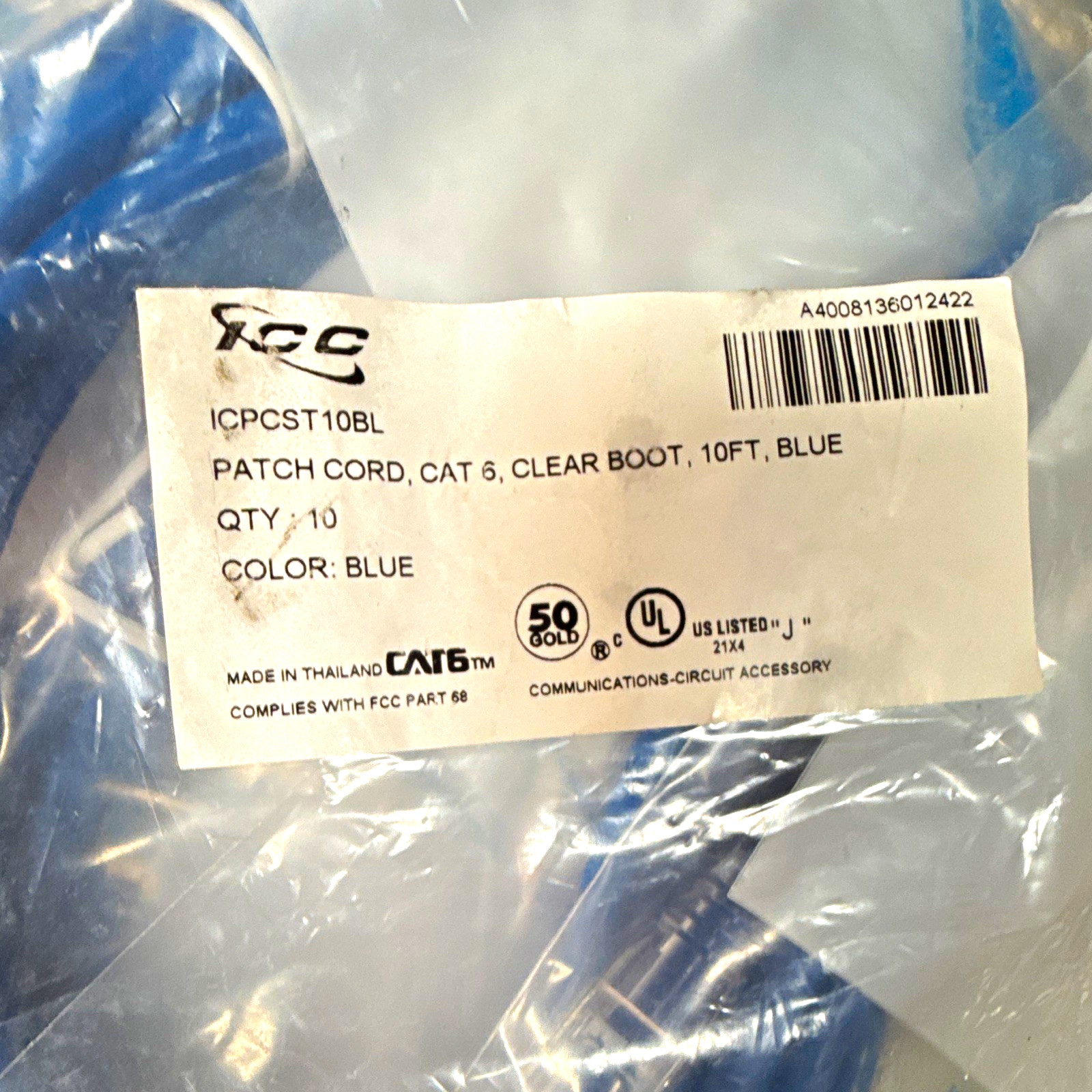 ICC ICPCST10BL Cat 6 RJ-45 Ethernet Patch Cable 10 ft Blue Clear Boot