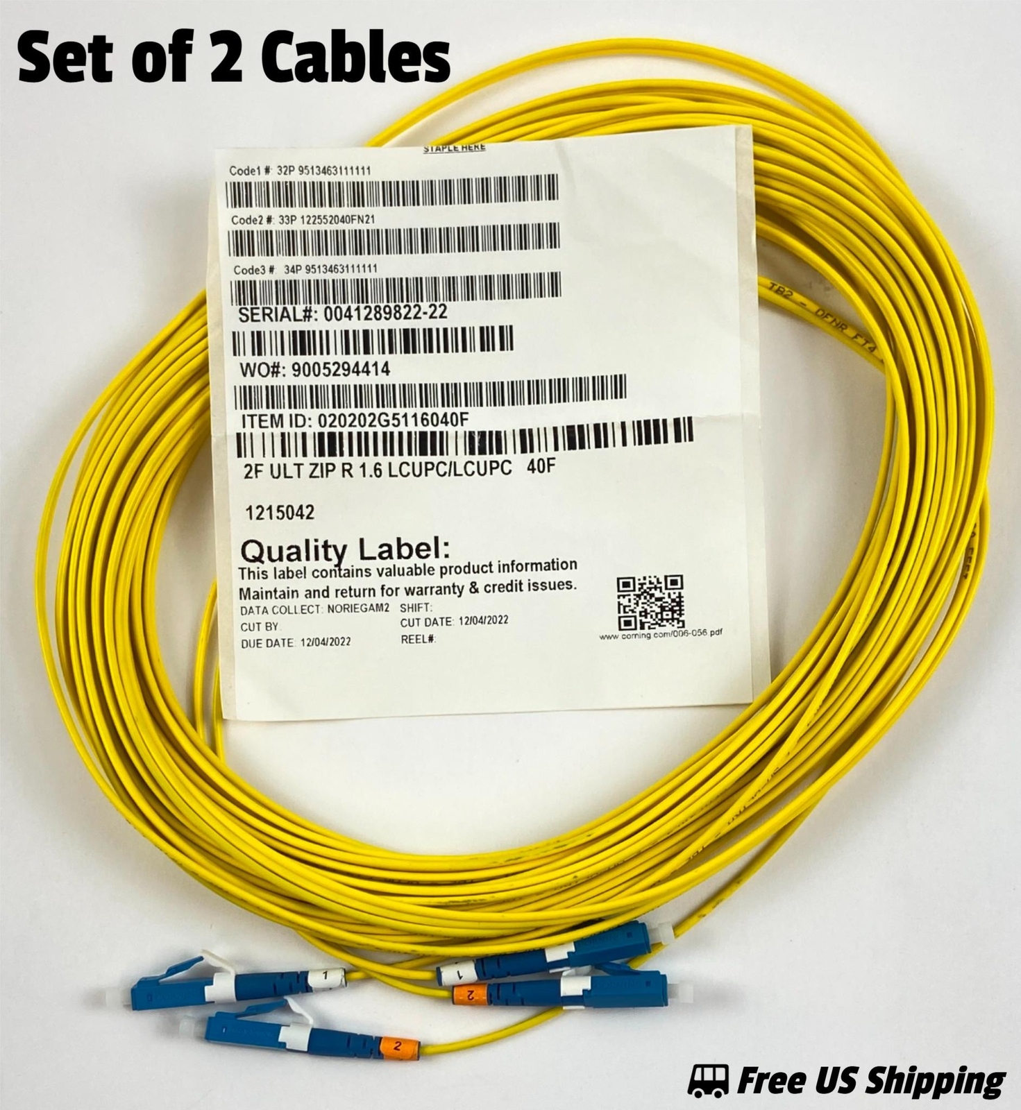Corning Single Mode Patch Cords LCUPC LCUPC 40FT Yellow 2F ULT ZIP R Set of 2