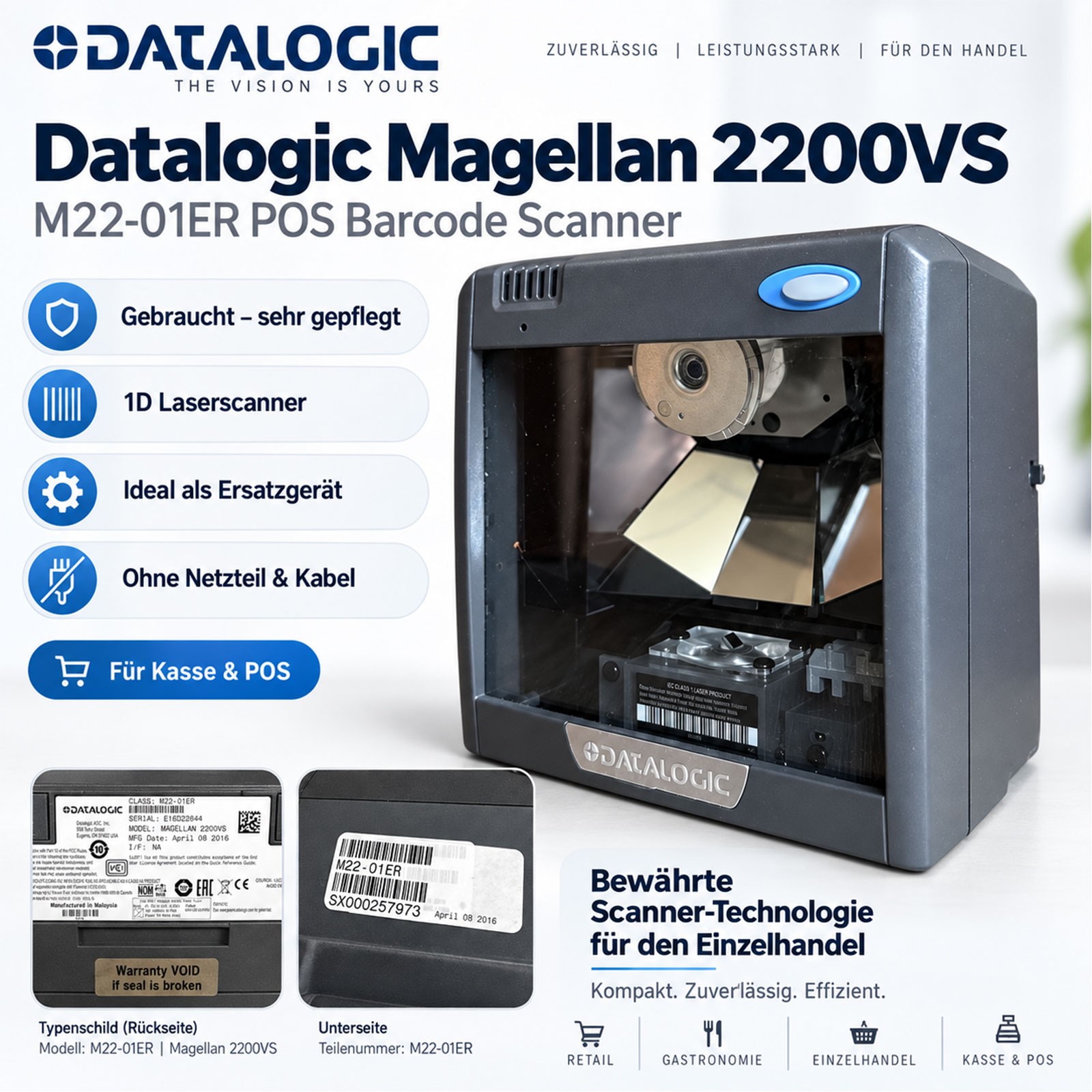 Datalogic Magellan 2200VS M22-01ER Vertical POS Barcode Scanner - Used