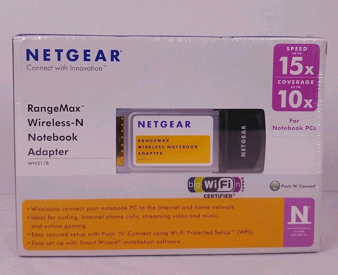 Netgear WN511B RangeMax Wireless N PCMCIA Laptop WiFi Network Adapter Card NOS