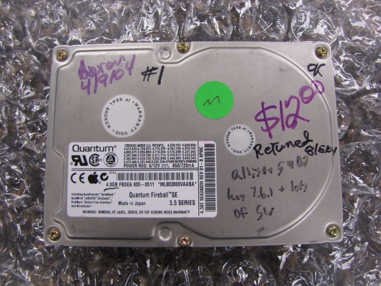 Quantum Fireball SE 3.5 SE43A02H Apple 4.3AT 4GB IDE Hard Drive -TESTED- NN33