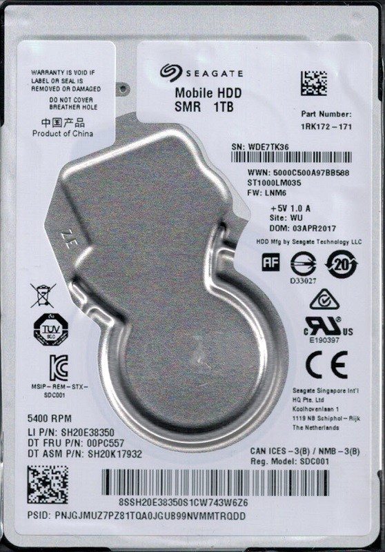 ST1000LM035 P/N: 1RK172-171 F/W: LNM6 WU WDE Seagate 1TB Mobile HDD