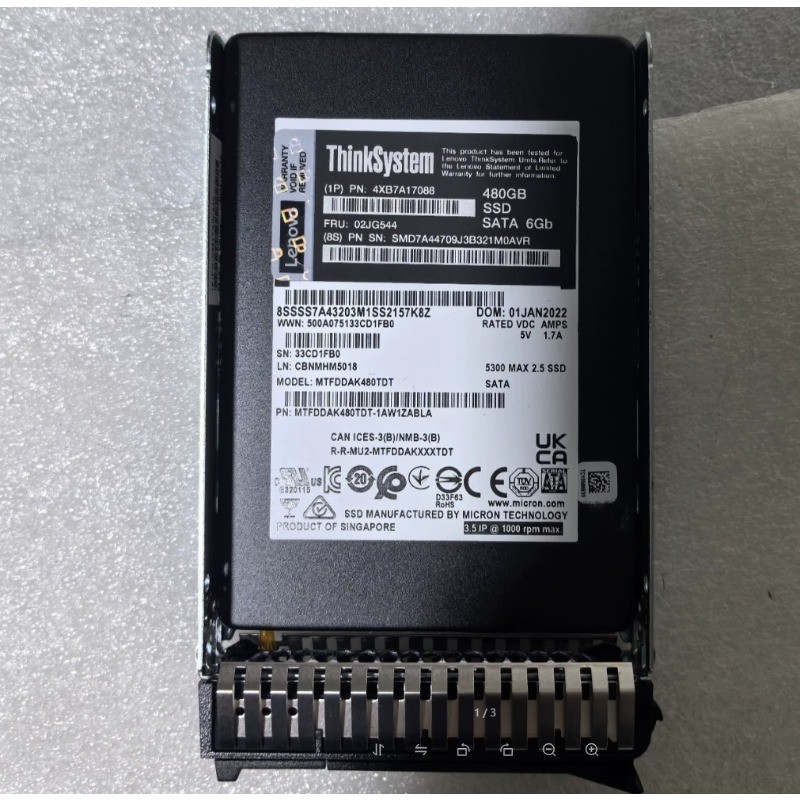 4XB7A17088 Lenovo 02JG544 ThinkSystem 2.5" 480GB SATA 6Gb Hot Swap SSD New