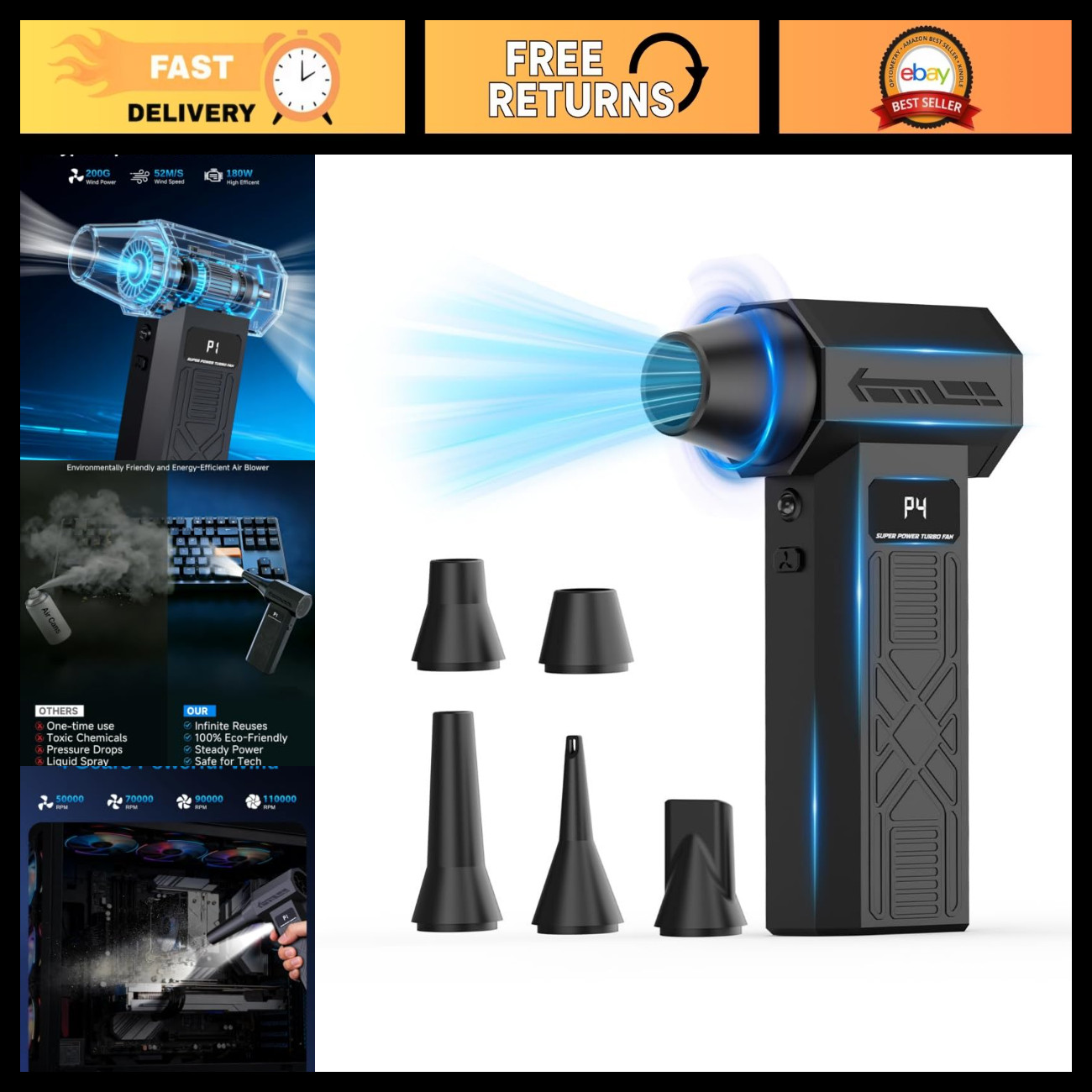 High-Power Compressed Air Duster, 280,000 RPM Handheld Blower, 4 Speed Settings