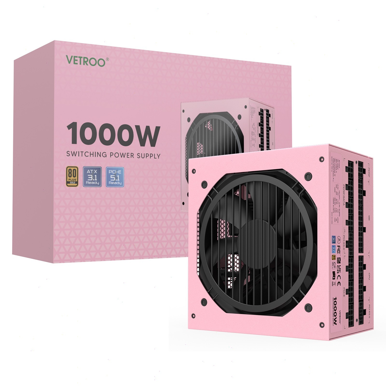 Vetroo 1000W Power Supply ATX 3.1 PCIE 5.1 Full Modular 80 Plus Gold PSU - Pink