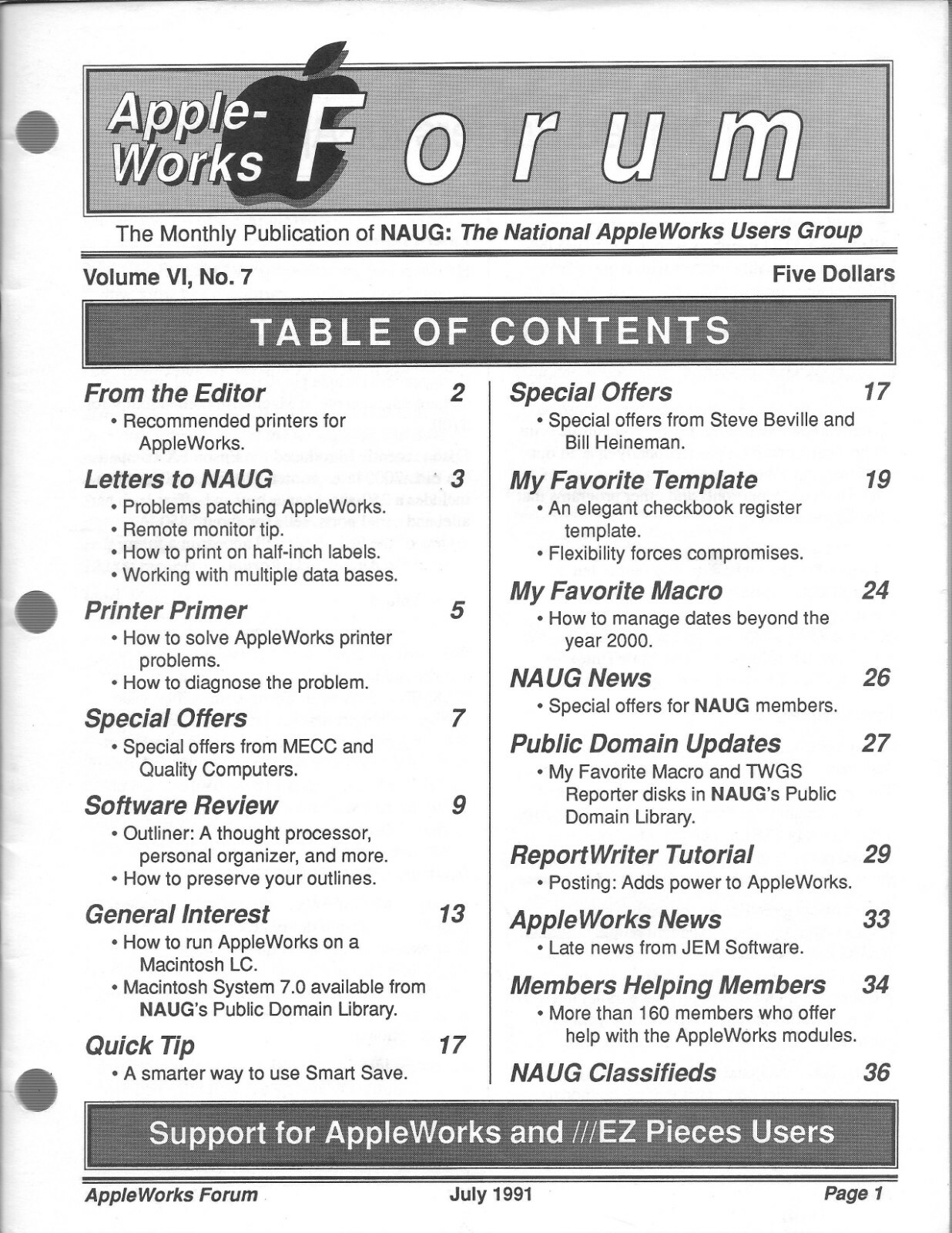 AppleWorks Forum Magazine, July 1991 for Apple II II+ IIe IIc IIgs