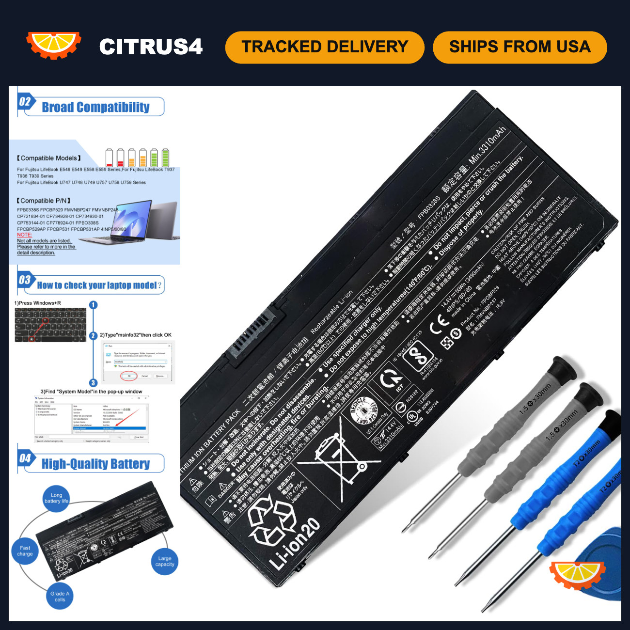 14.4V 50Wh Laptop Battery Compatible with Fujitsu E558 P728 T937 T938 U938 Serie