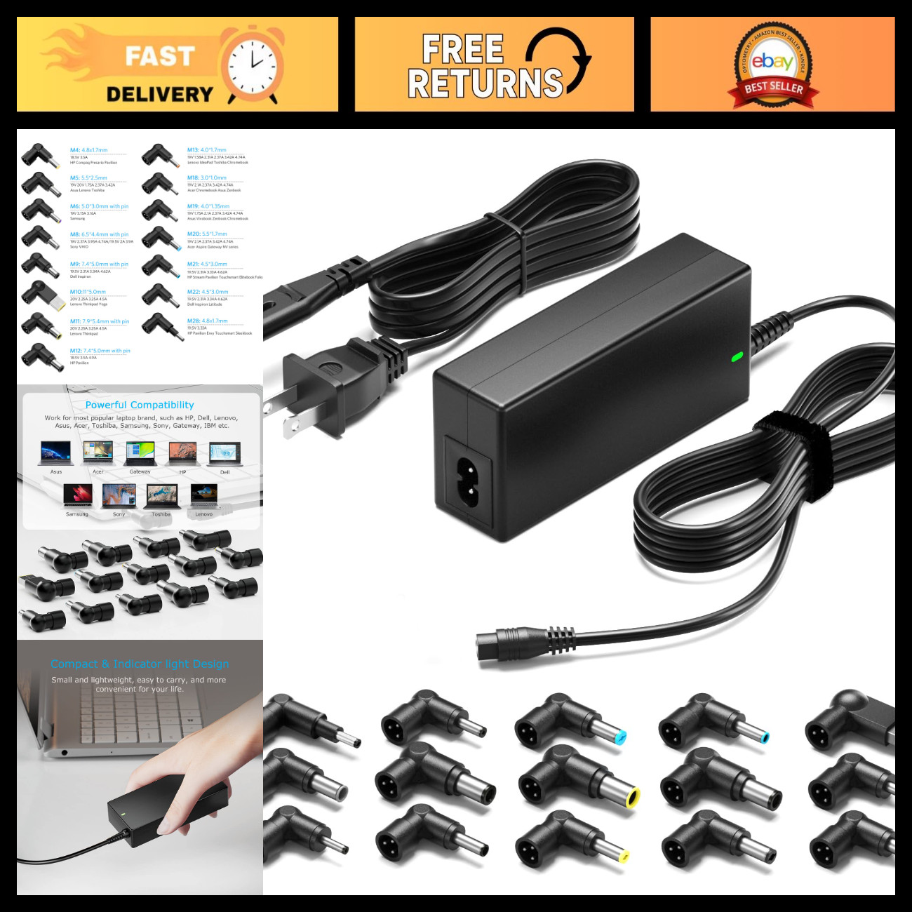 90W Universal Laptop Charger AC Adapter Power Supply for Dell HP Acer Asus Lenov