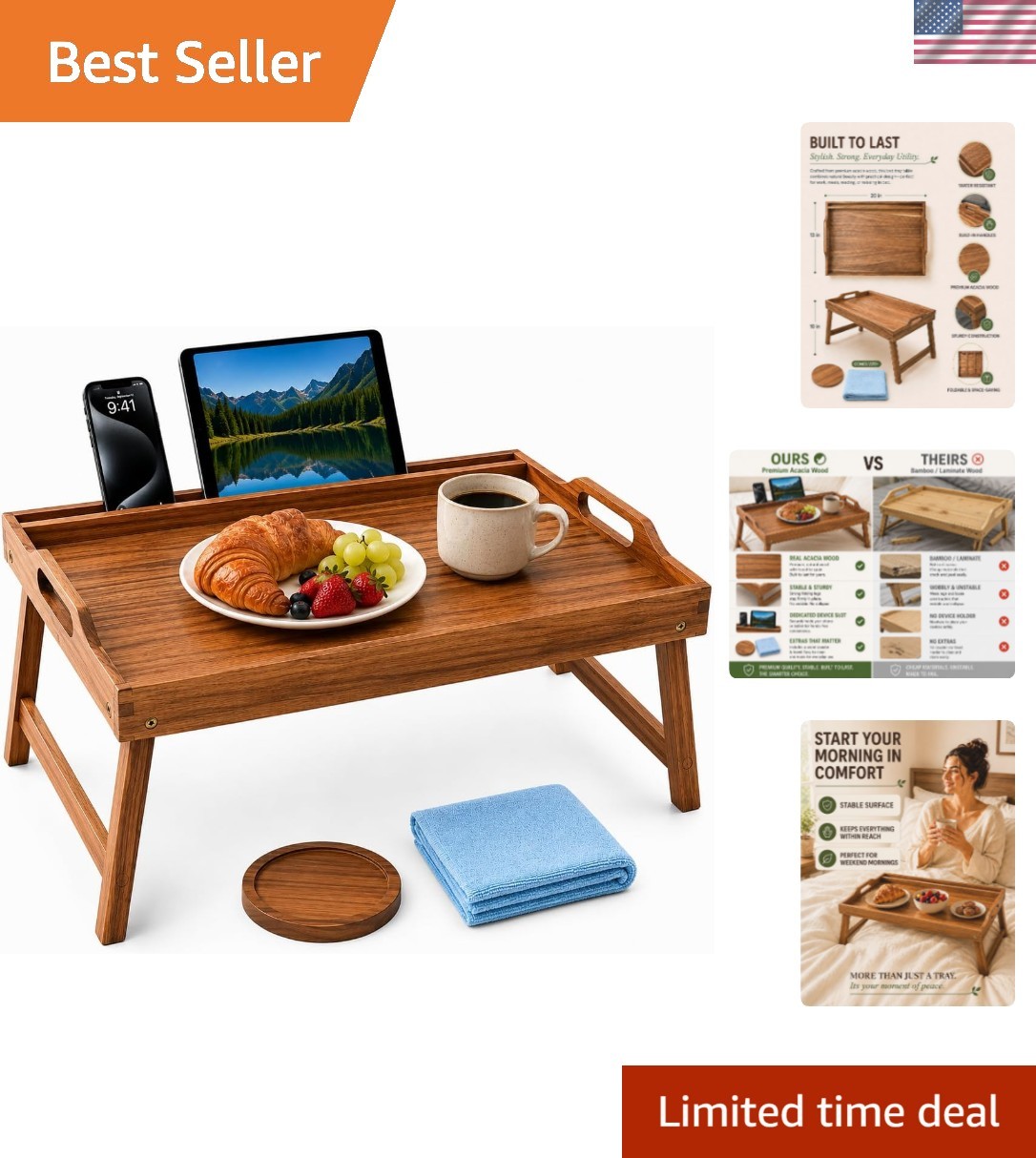 Acacia Wood Large Bed Tray for Food & Laptop with Phone & Tablet Holder