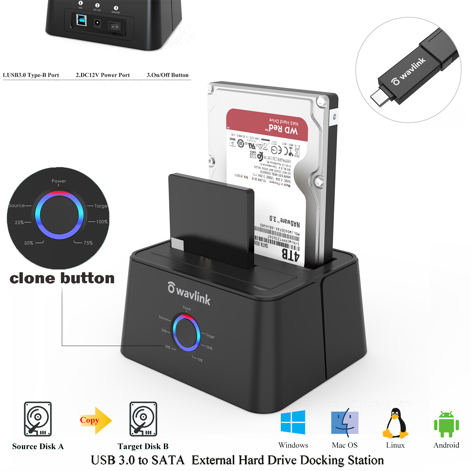 USB 3.0 to SATA Hard Drive Dock Dual Bay &2.5" 3.5"HDD/SDD Docking Station