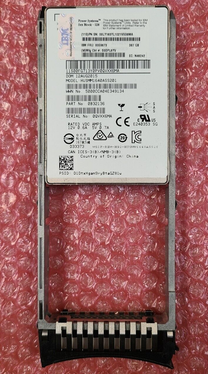 IBM 00E8673 387GB SAS SFF-2 w/eMLC FC ES1A for IBM i IBM 58B9 00LY195 74Y9526