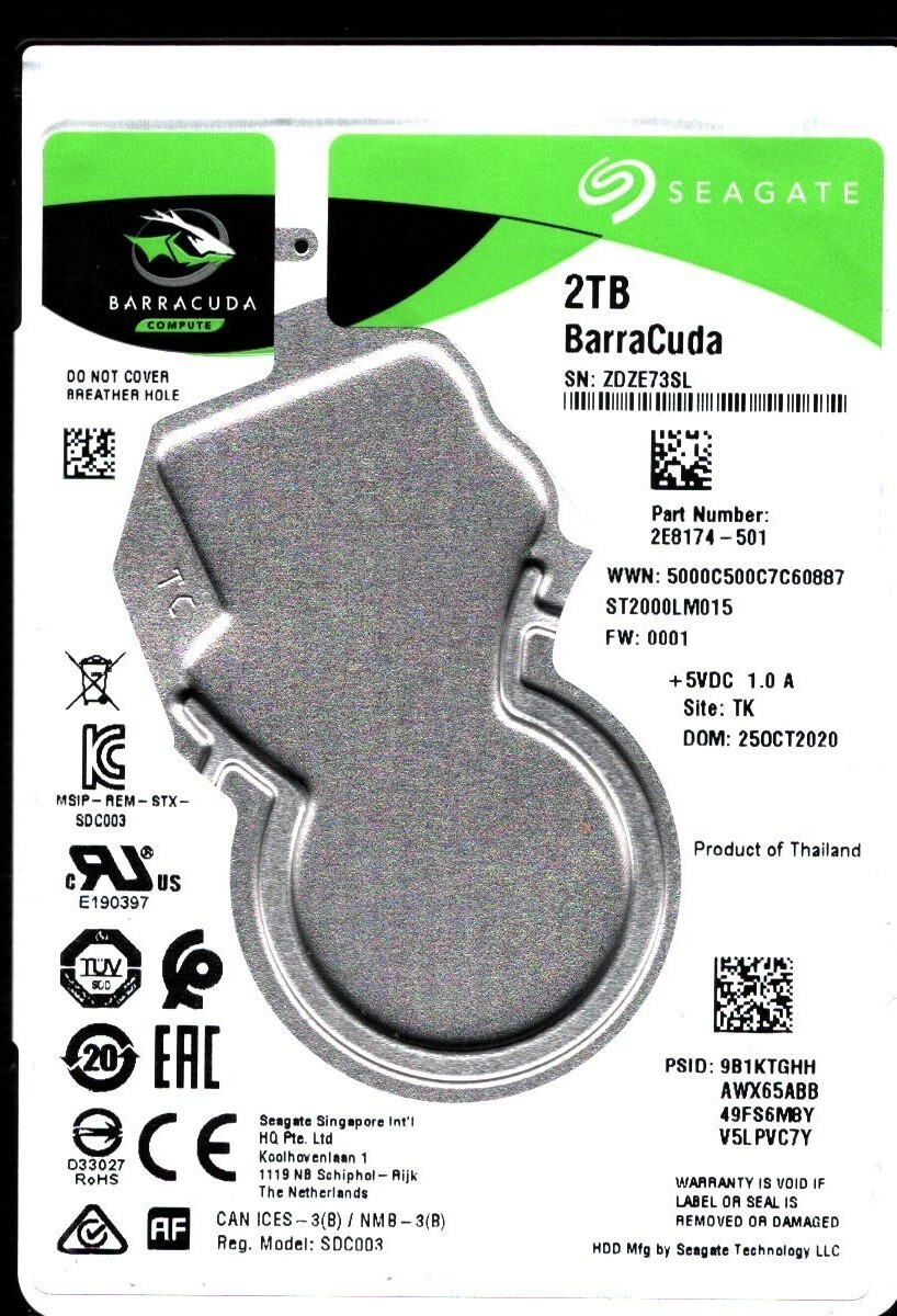 ST2000LM015 P/N: 2E8174-501 F/W: 0001 S/N: ZDZE TK 2TB OCT 2020 THAILAND SEAGATE