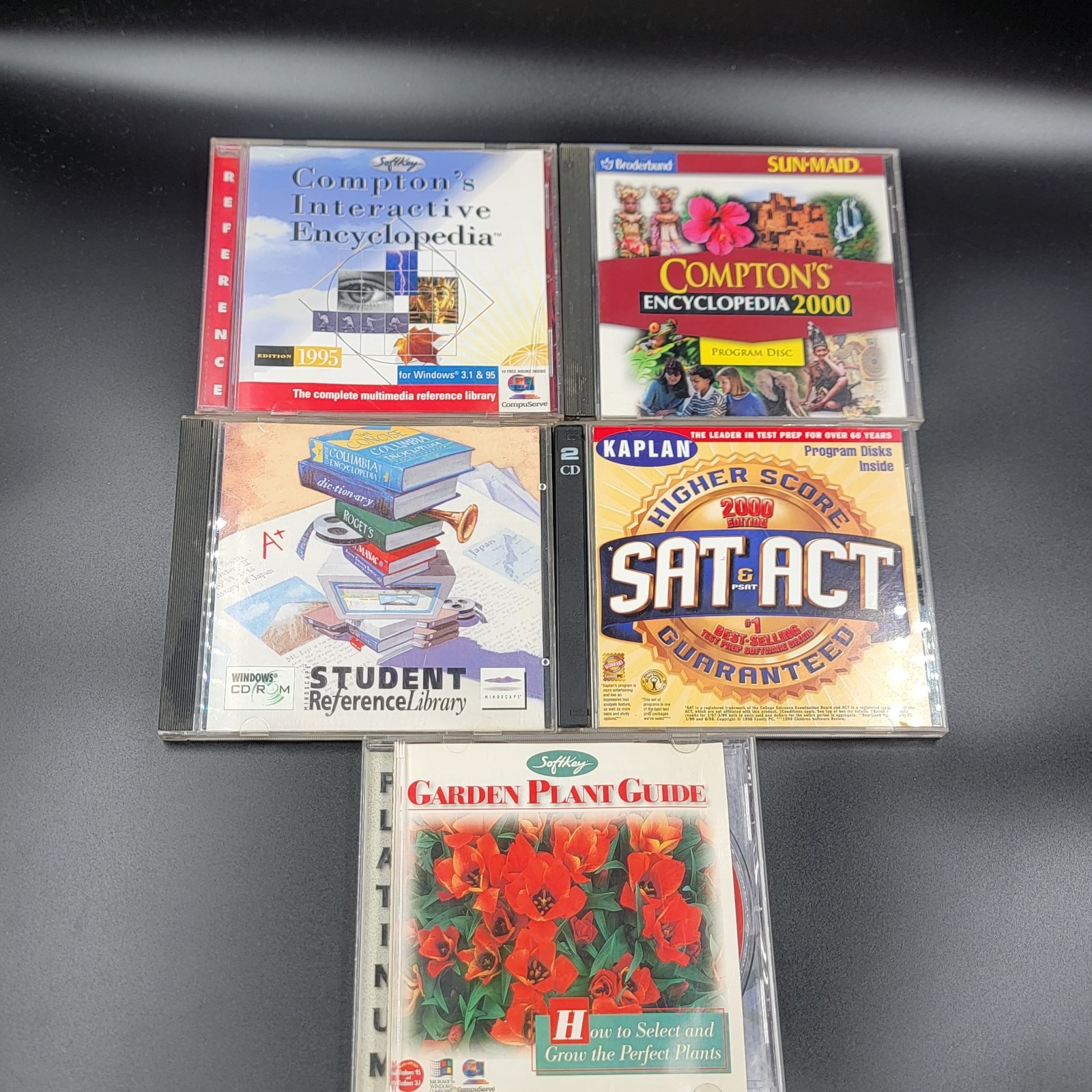 Vintage PC CD-ROM Software Lot Compton's Encyclopedia Kaplan SAT ACT Garden