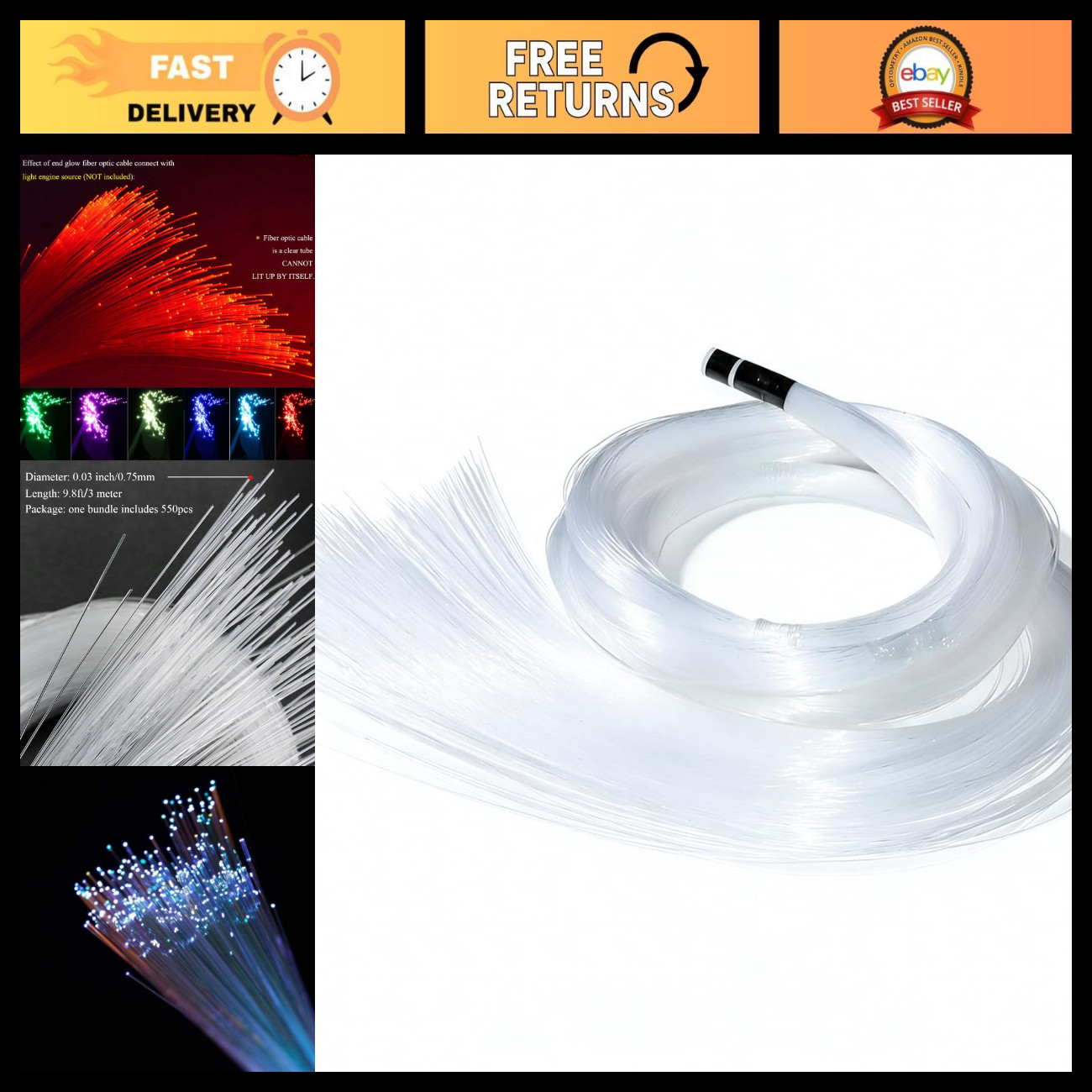 9.8ft Fiber Optic Light Cable 550pcs PMMA for LED Star Ceiling Sky Light Decor