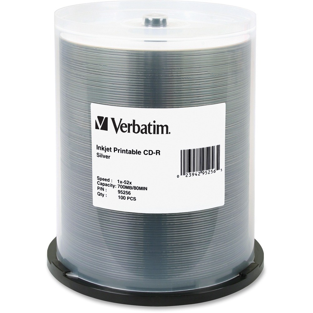 Verbatim Storage Media 95256 Cd-R 80Min 700Mb 52X Silver Inkjet Printable 100Pk