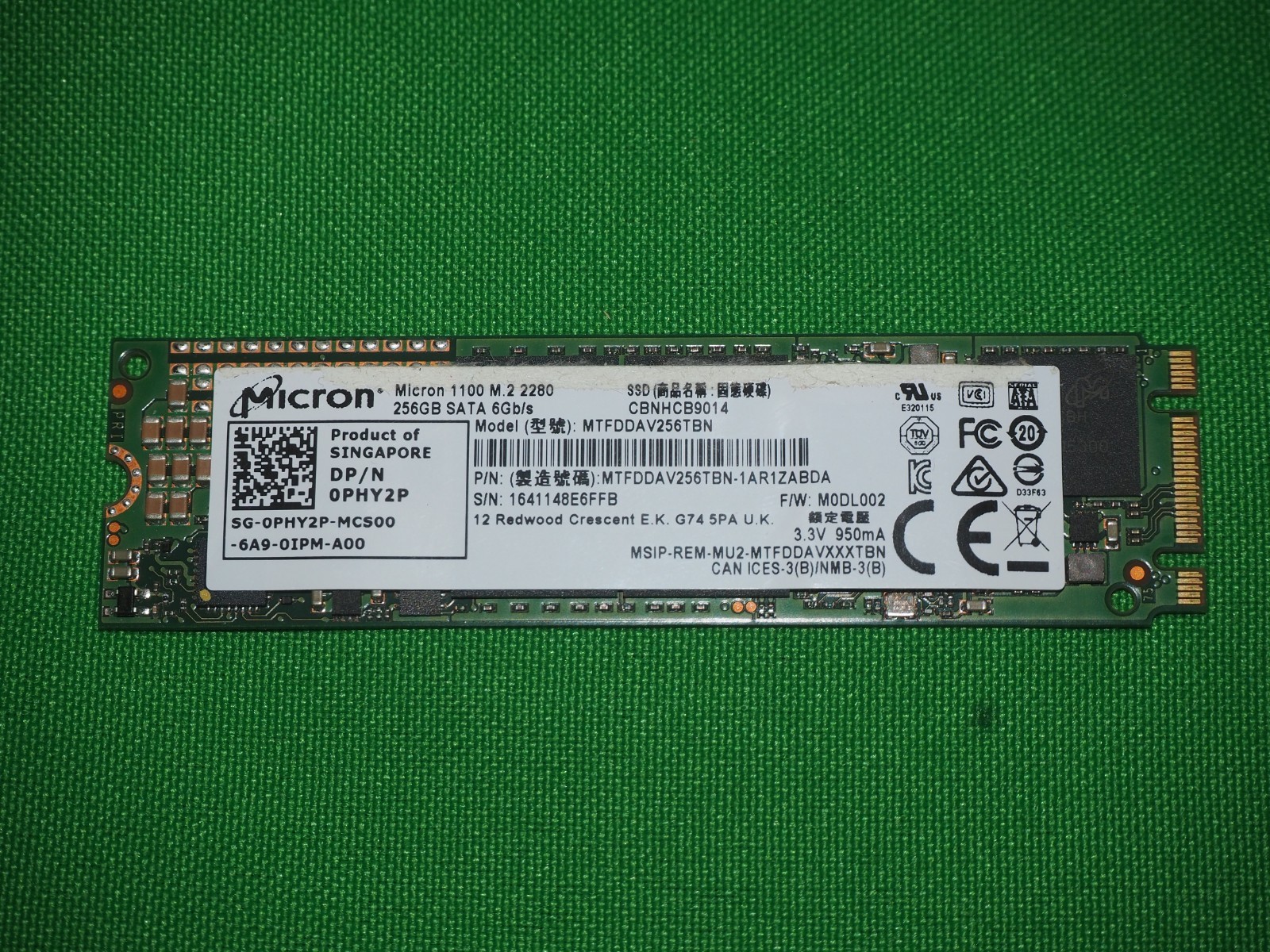 MICRON MTFDDAV256TBN-1AR1ZABDA 2280 M.2 1100 256GB SATA SSD DPN 0PHY2P