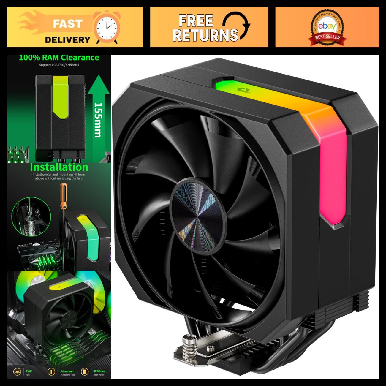 High-Performance CPU Air Cooler, 120mm ARGB Fan, Compatible with AMD & Intel LGA
