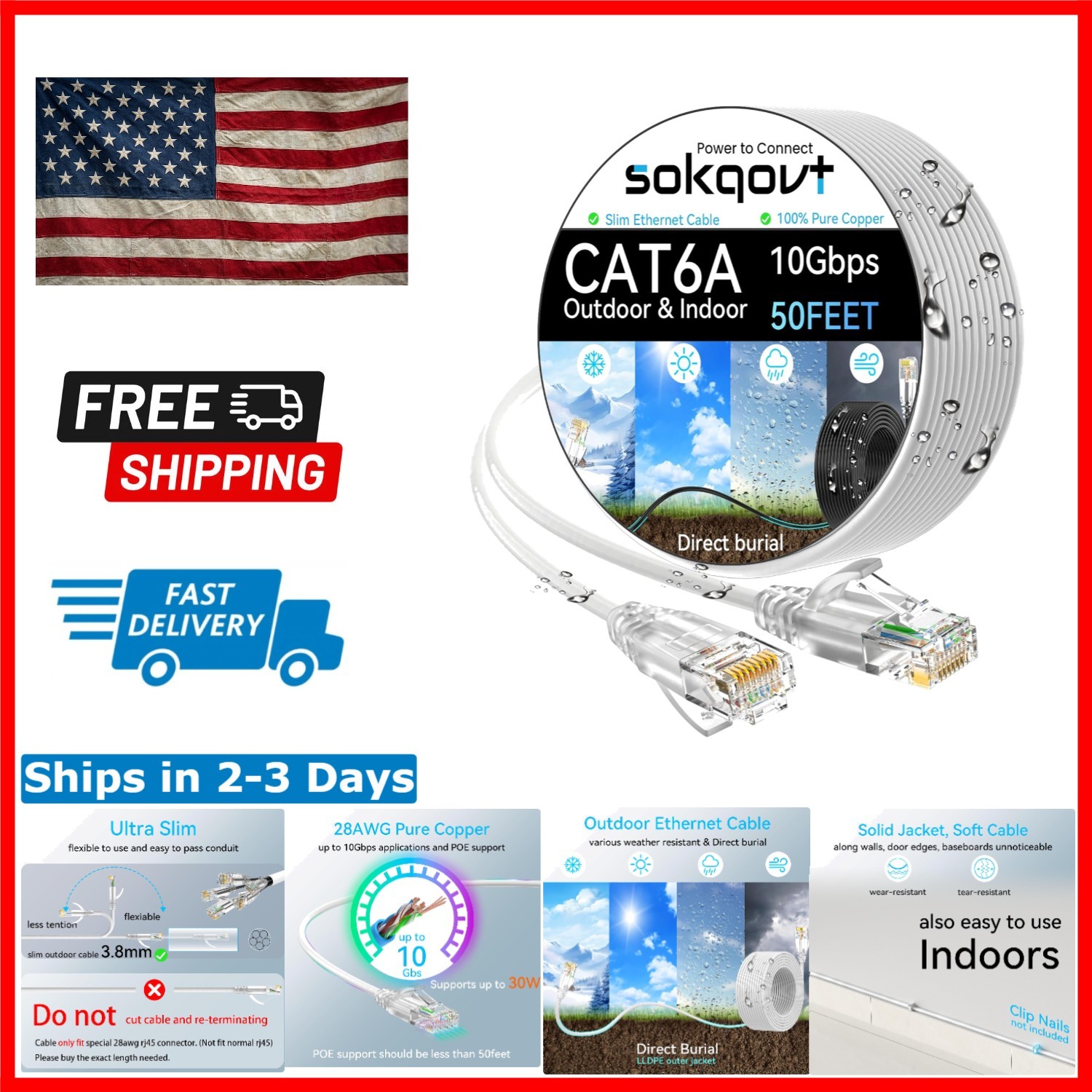 Durable Cat6a Ethernet Cable 50ft - Direct Burial Waterproof & Weather Resistant