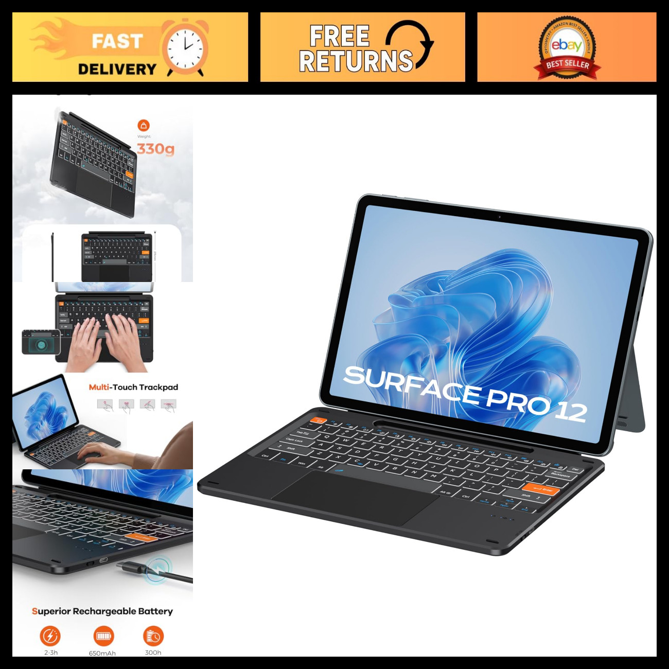 Ultra-Slim Bluetooth Keyboard with Touch Pad & Pen Slot for Surface Pro 12" - Wi