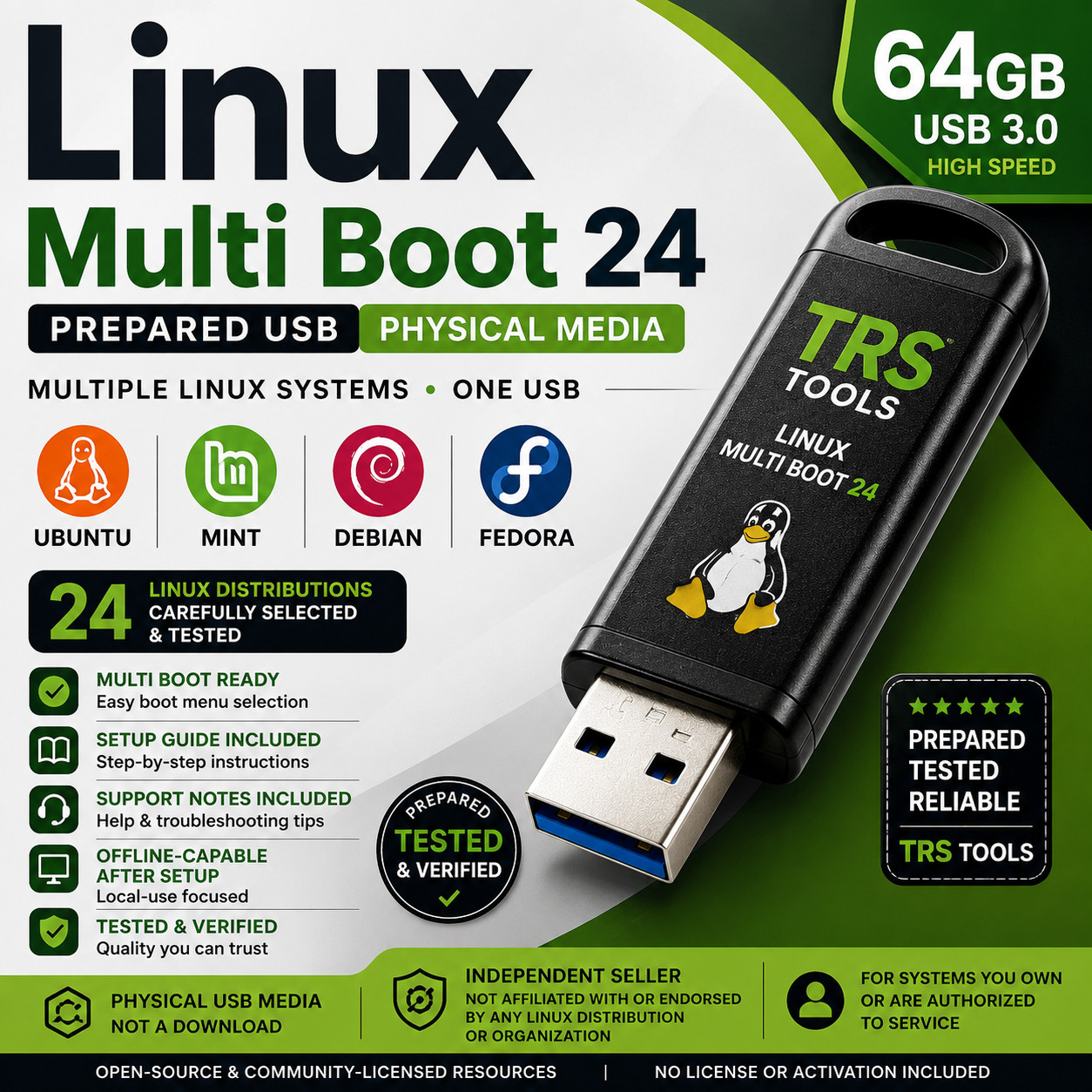 Linux Multi Boot Prepared USB 64GB Ubuntu Mint Debian Fedora