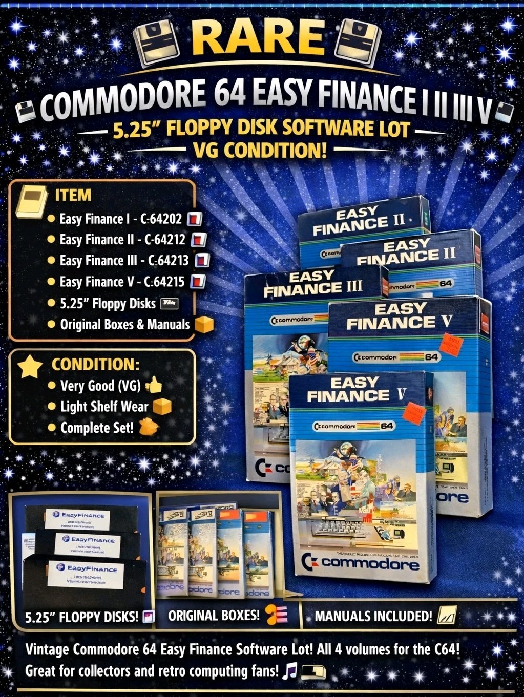 Vintage Commodore 64 Easy Finance I II III V 5.25 Floppy Disk Software Lot VG