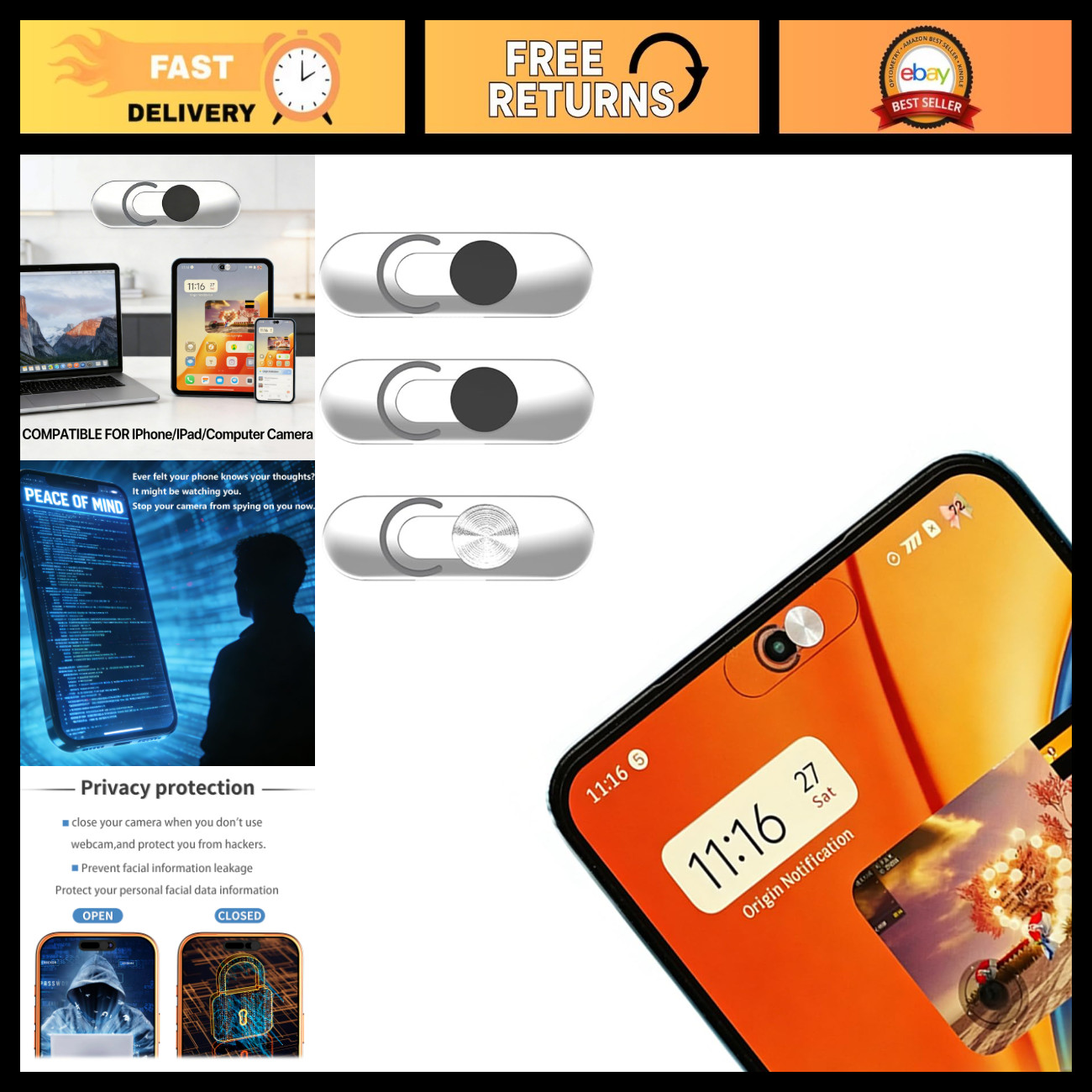3 Pack Ultra Thin Privacy Slider Cover for Front Camera - Webcam Security Shield