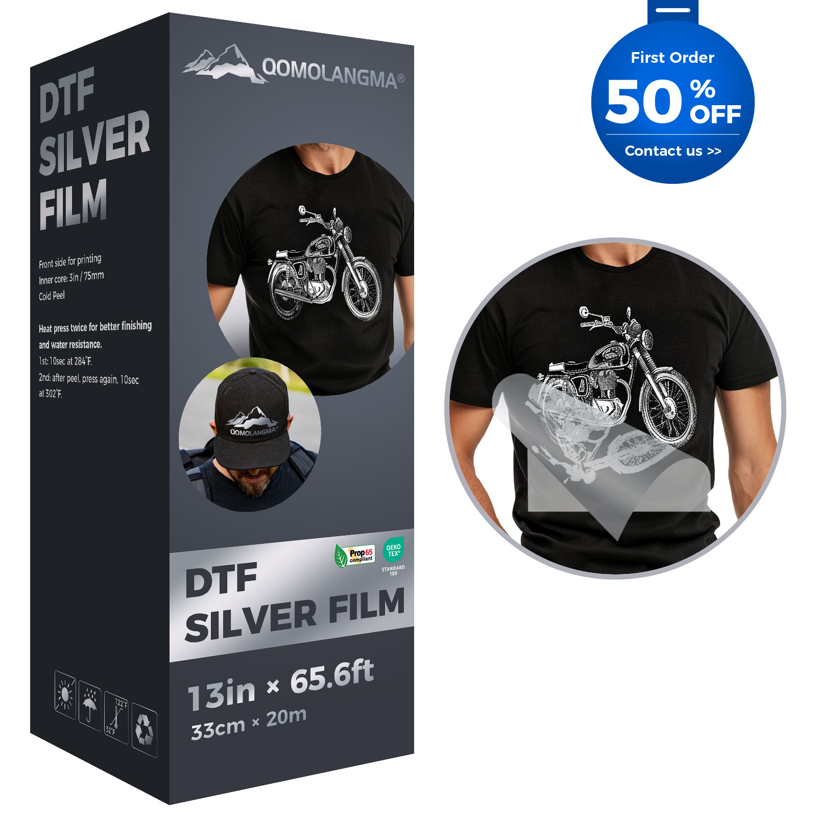 QOMOLANGMA 13in x 65.6ft DTF Gold/Silver Foil Film Roll,Cold Peel US Stock