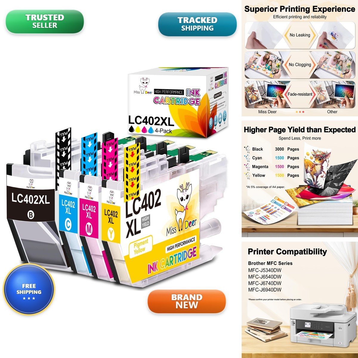 Miss Deer LC402XL Compatible 4-Pack Ink Cartridges for Brother