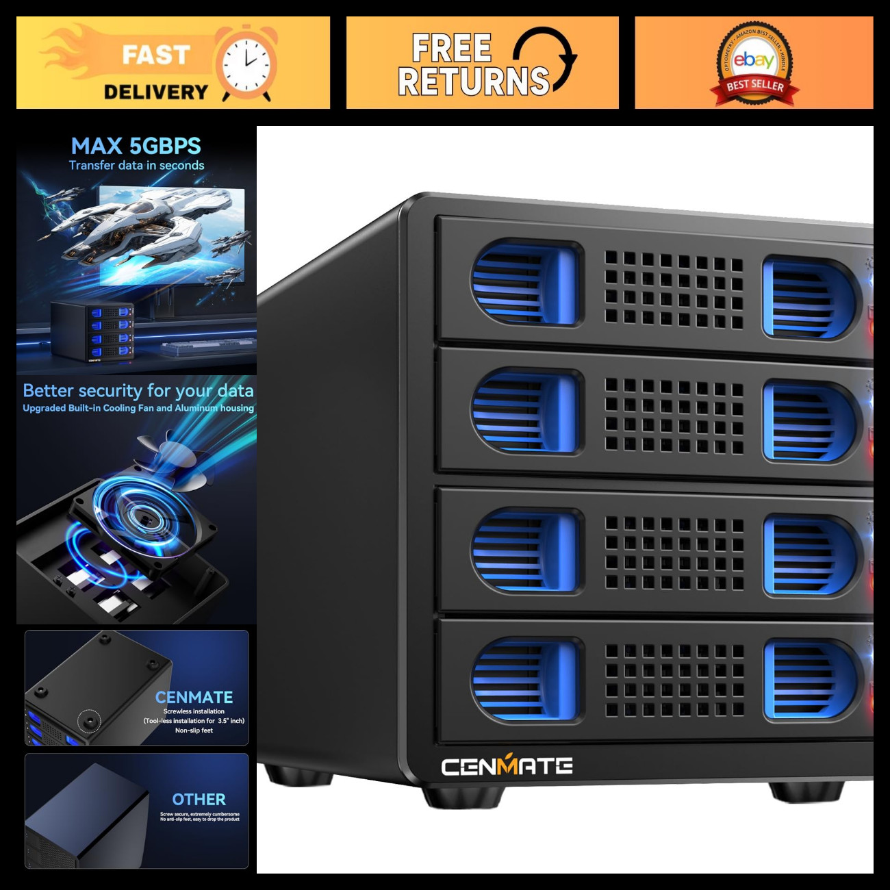 4 Bay Aluminum Hard Drive Enclosure with Cooling Fan for 2.5"/3.5" SATA HDD/SSD,