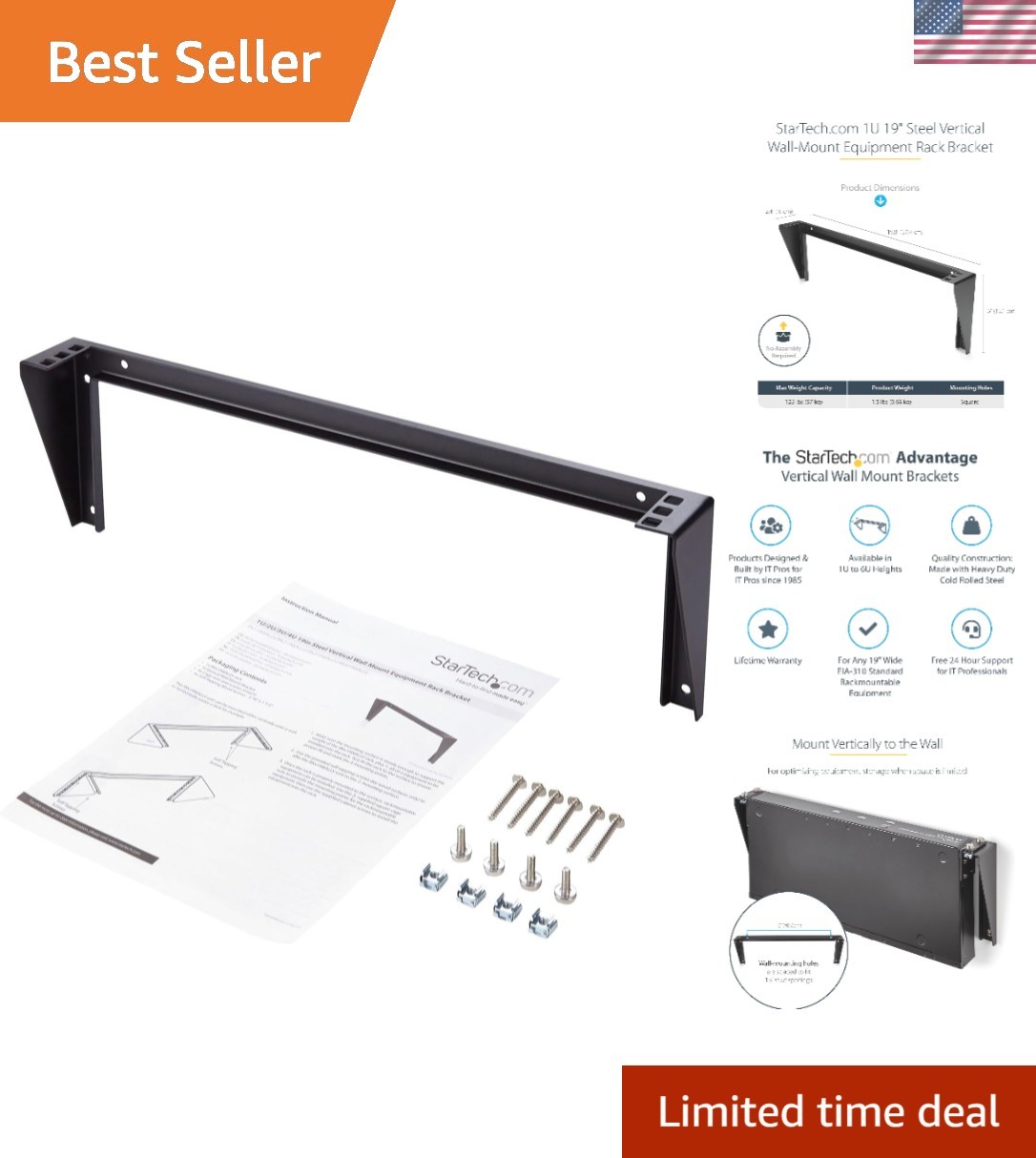 Durable Black 1U Vertical Mount Patch Panel Bracket - Versatile Installation