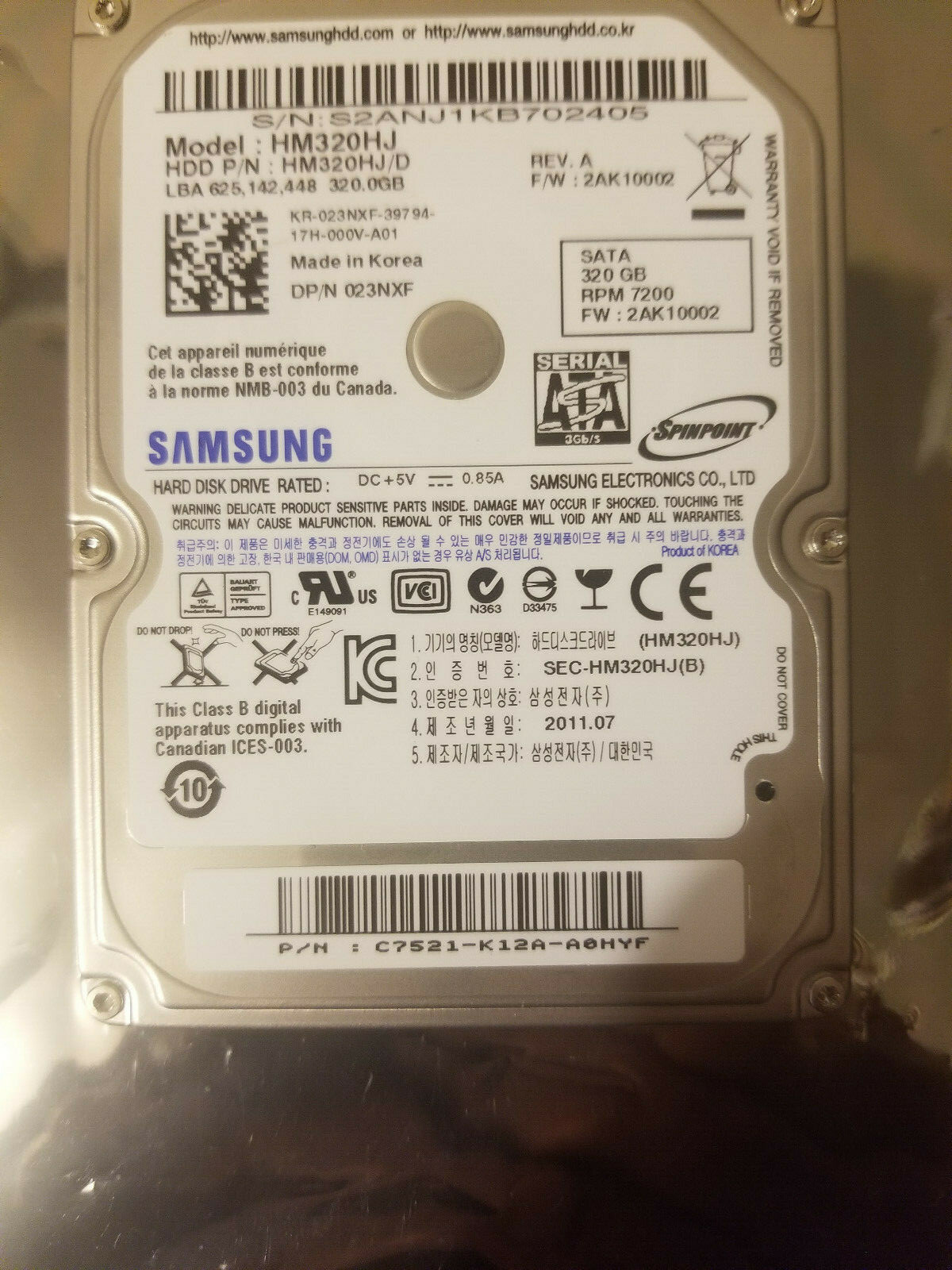 Samsung HM320HJ HM320HJ/D FW: 2AK10002 Rev. A 320GB SATA 2.5" Hard Drive