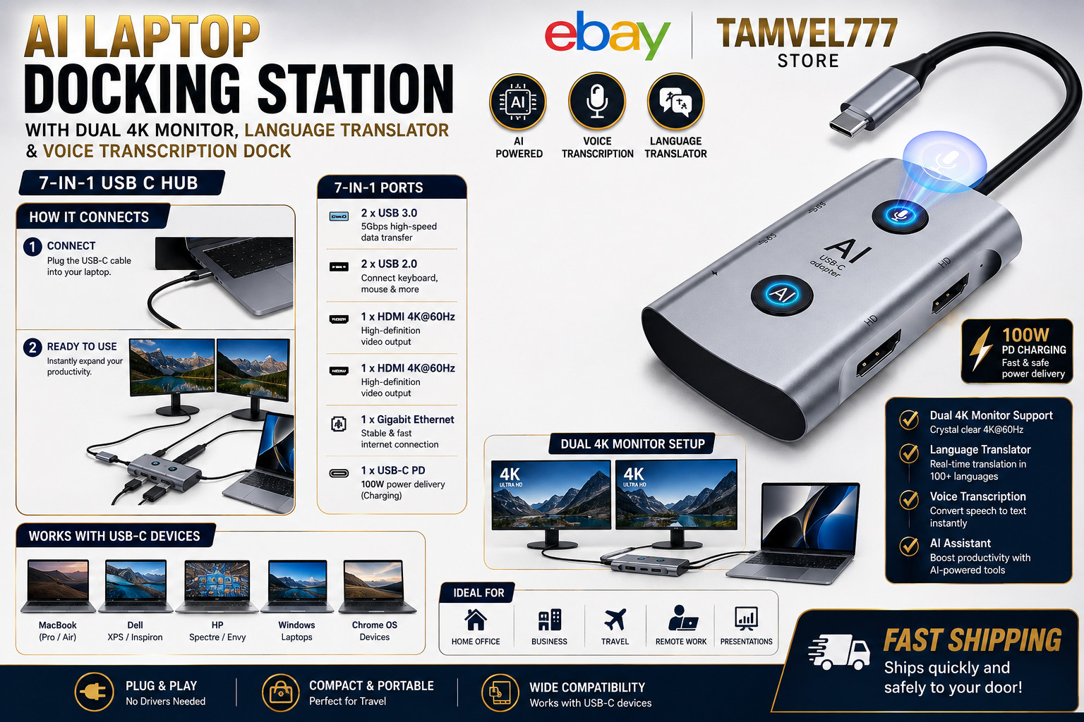 AI Docking Station, Translator USB 3.0 to Dual 4K, Compatible with MacBook Pro