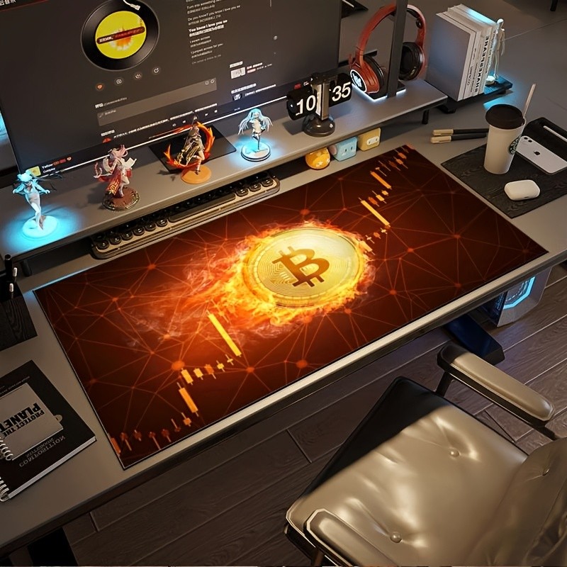 1pc Large-sized Esports Gaming Mouse Pad with Red and Golden Flame Bitcoin Fin