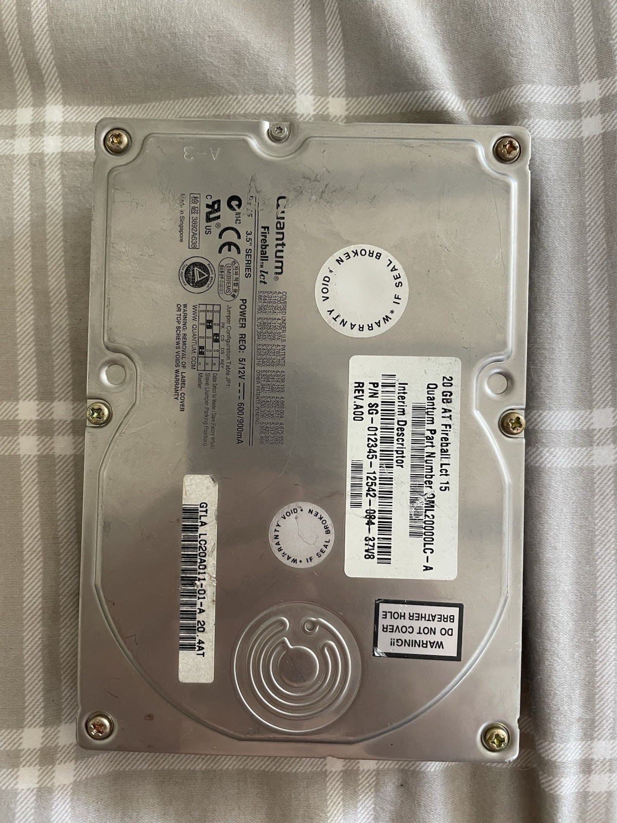 Quantum Fireball AT 20gb Lct 15 Hard Drive EL51A 5200RPM 3.5 Vintage